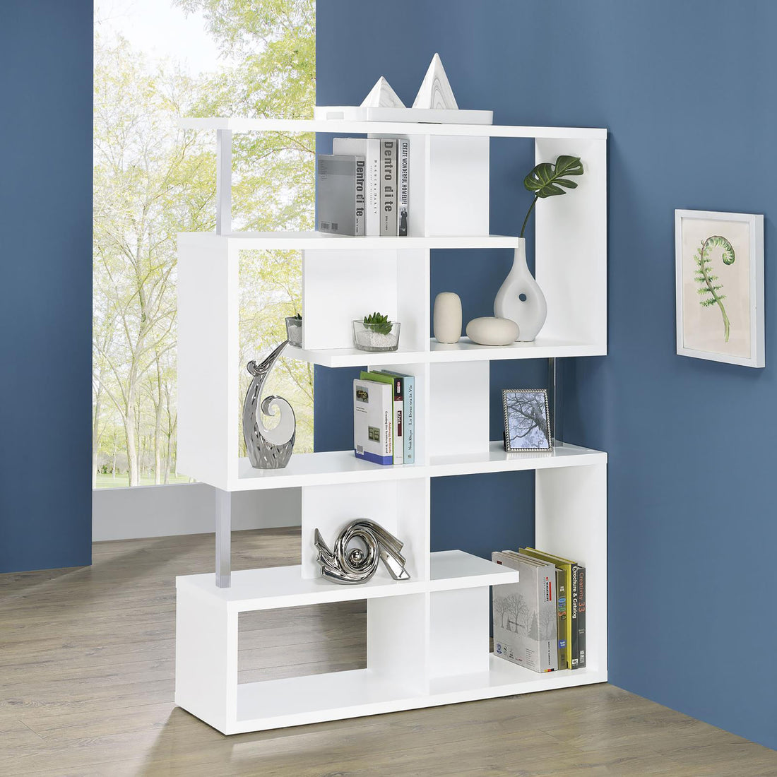 White And Chrome 5 Tier Geometric Bookcase 5 White Geometric Horizontal Office Open Back Wood Contemporary,Modern Wood