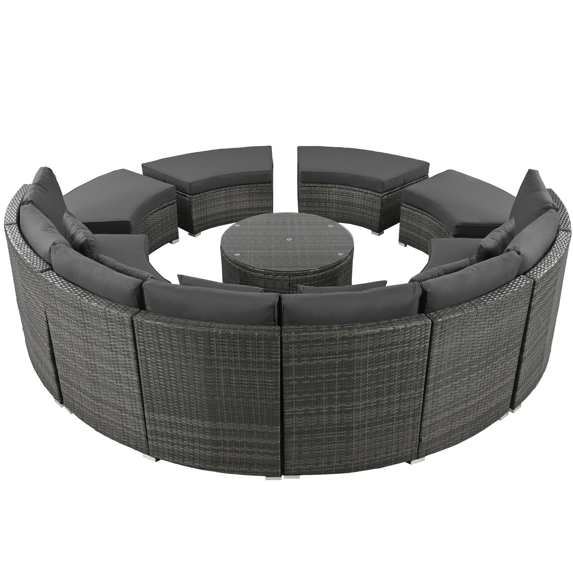 Outdoor Patio Furniture Luxury Circular Outdoor Sofa Set Rattan Wicker Sectional Sofa Lounge Set With Tempered Glass Coffee Table, 6 Pillows, Grey Yes Grey Water Resistant Frame Water Resistant Cushion Garden & Outdoor Sectional Seating Groups Foam