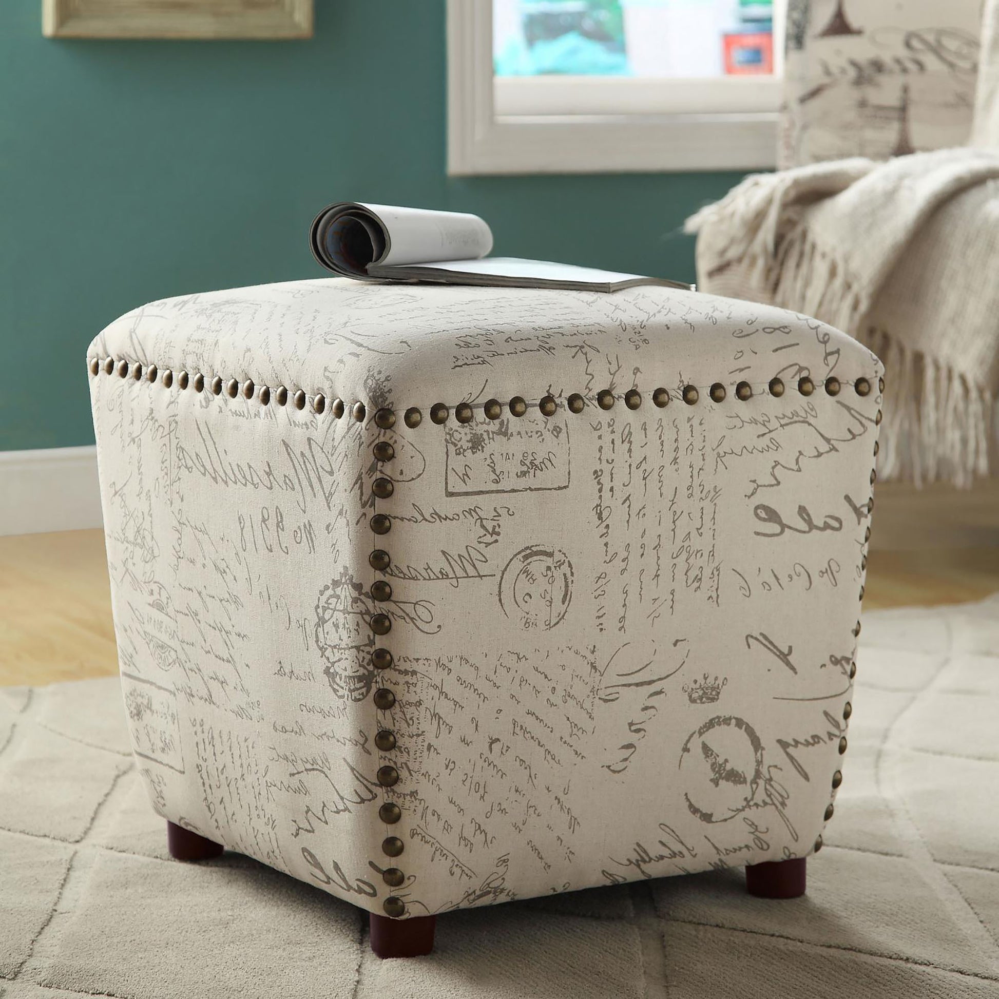 Off White French Script Ottoman Beige Linen Wood Primary Living Space Pattern Backless Transitional Rubberwood Standard Armless Foam Nailhead Trim Upholstered