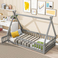 Twin Tent Shaped Floor Bed, With Guardrails, Slats, Door ,Grey Twin Grey Wood Bedroom American Design Pine Bed Frame Pine