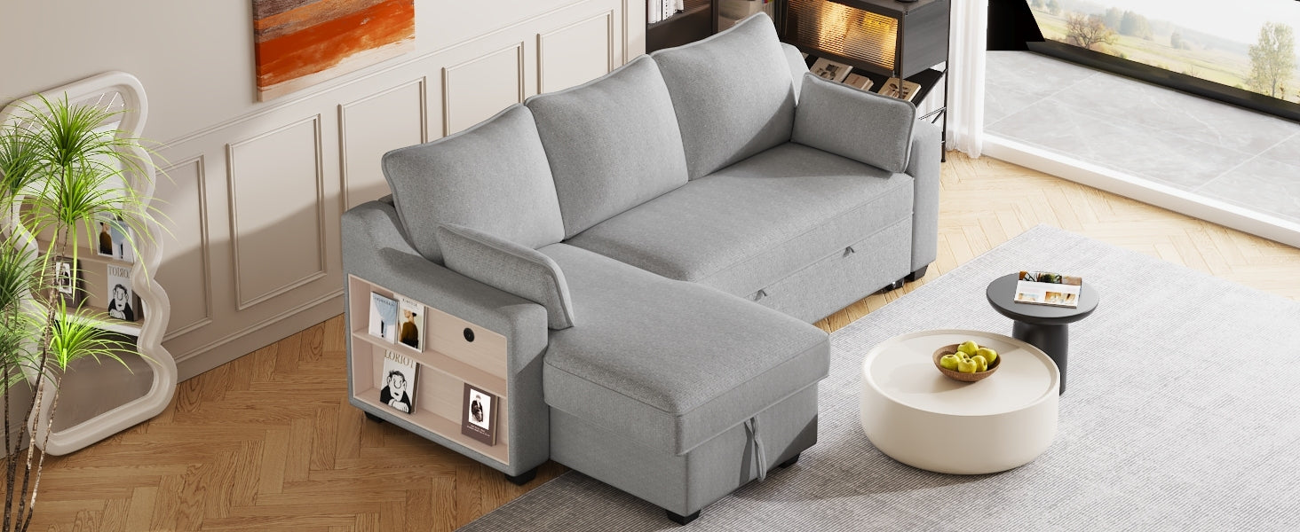 90" Pull Out Sleeper Sofa L Shaped Couch Convertible Sofa Bed With Storage Chaise, Storage Racks And Usb Ports, Light Grey Light Grey Foam Polyester 3 Seat