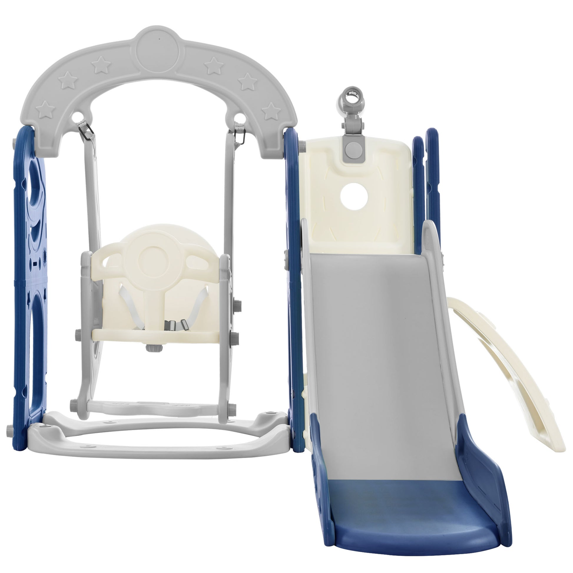 Toddler Slide And Swing Set 5 In 1, Kids Playground Climber Slide Playset With Telescope, Freestanding Combination For Babies Indoor & Outdoor Grey Blue Hdpe