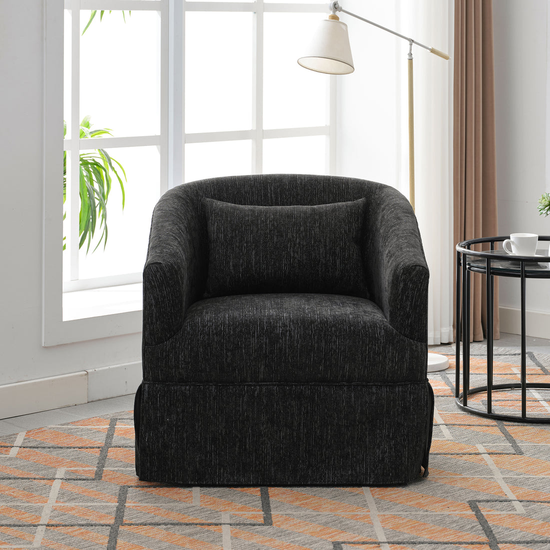 360 Degree Swivel Accent Armchair Linen Blend Black Black Upholstered