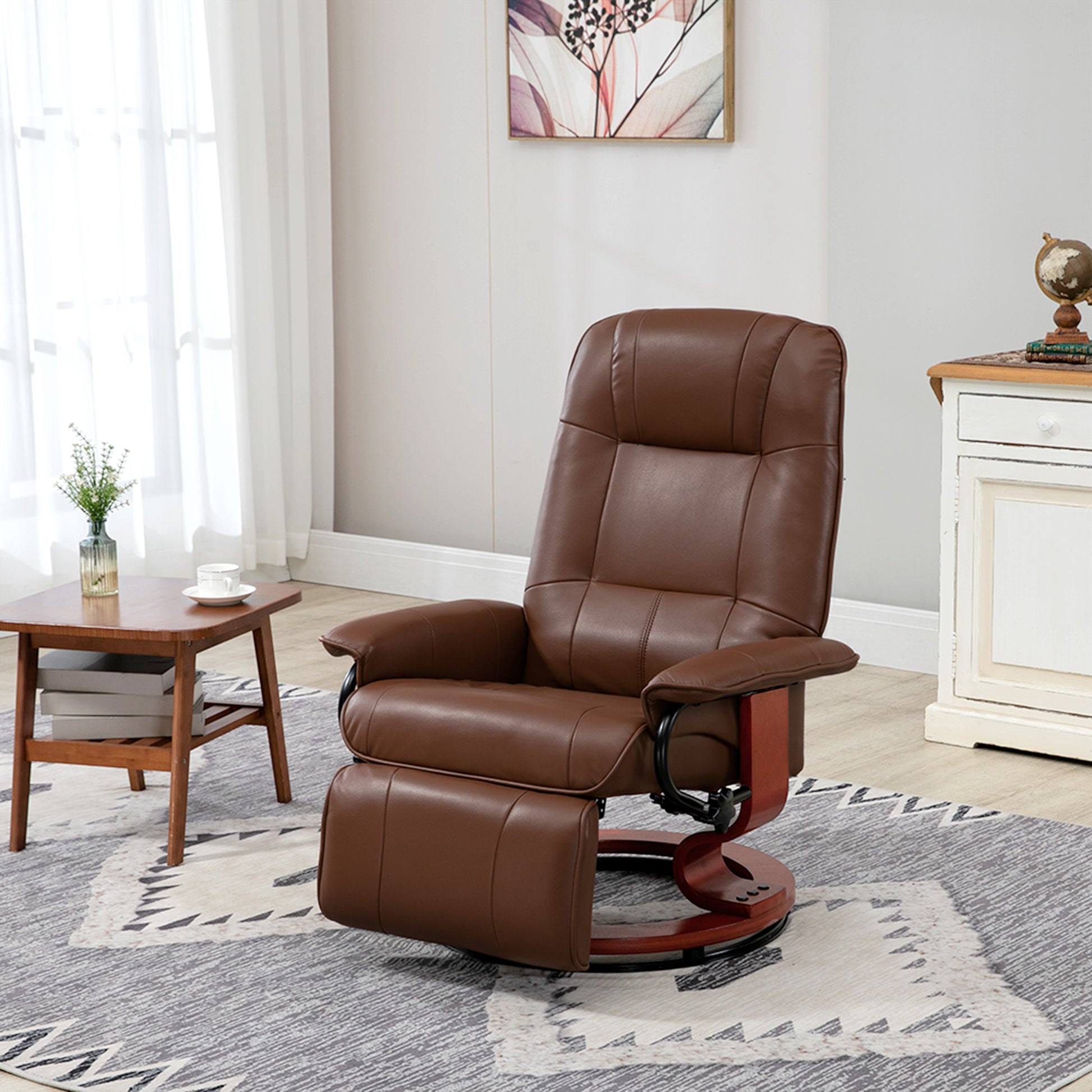 Faux Leather Manual Recliner, Adjustable Swivel Lounge Chair With Footrest, Armrest And Wrapped Wood Base For Living Room, Brown Brown Pu Leather