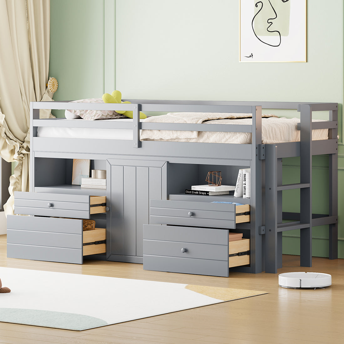 Twin Size Loft Bed With 4 Drawers, Underneath Cabinet And Shelves, Gray Gray Solid Wood Mdf