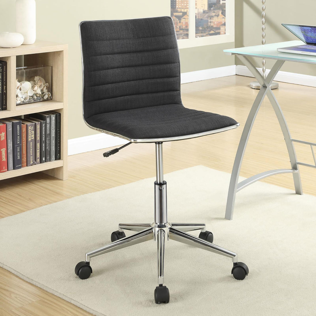 Black And Chrome Armless Office Chair With Casters Black Office Contemporary,Modern Office Chairs Solid Back Foam Adjustable Height Upholstered