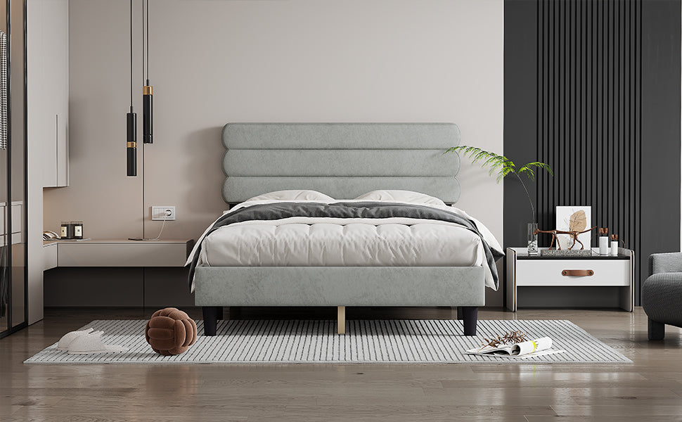 Full Bed Frame With Headboard,Sturdy Platform Bed With Wooden Slats Support,No Box Spring,Mattress Foundation,Easy Assembly Light Gray Wood