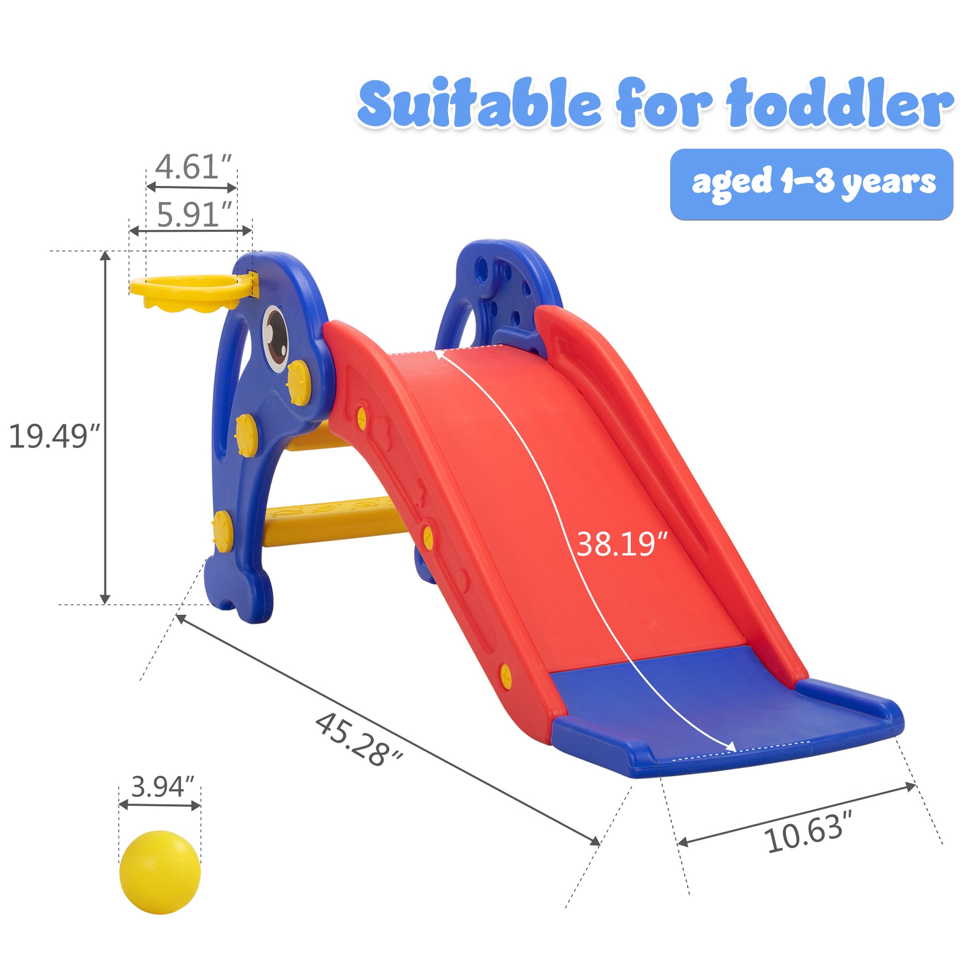 Toddler Slide, Dolphin Play Slide For Outdoor And Indoor, Freestanding Climber Playset With Basketball Hoop, Ball And Ladder, Red And Blue Blue Red Hdpe