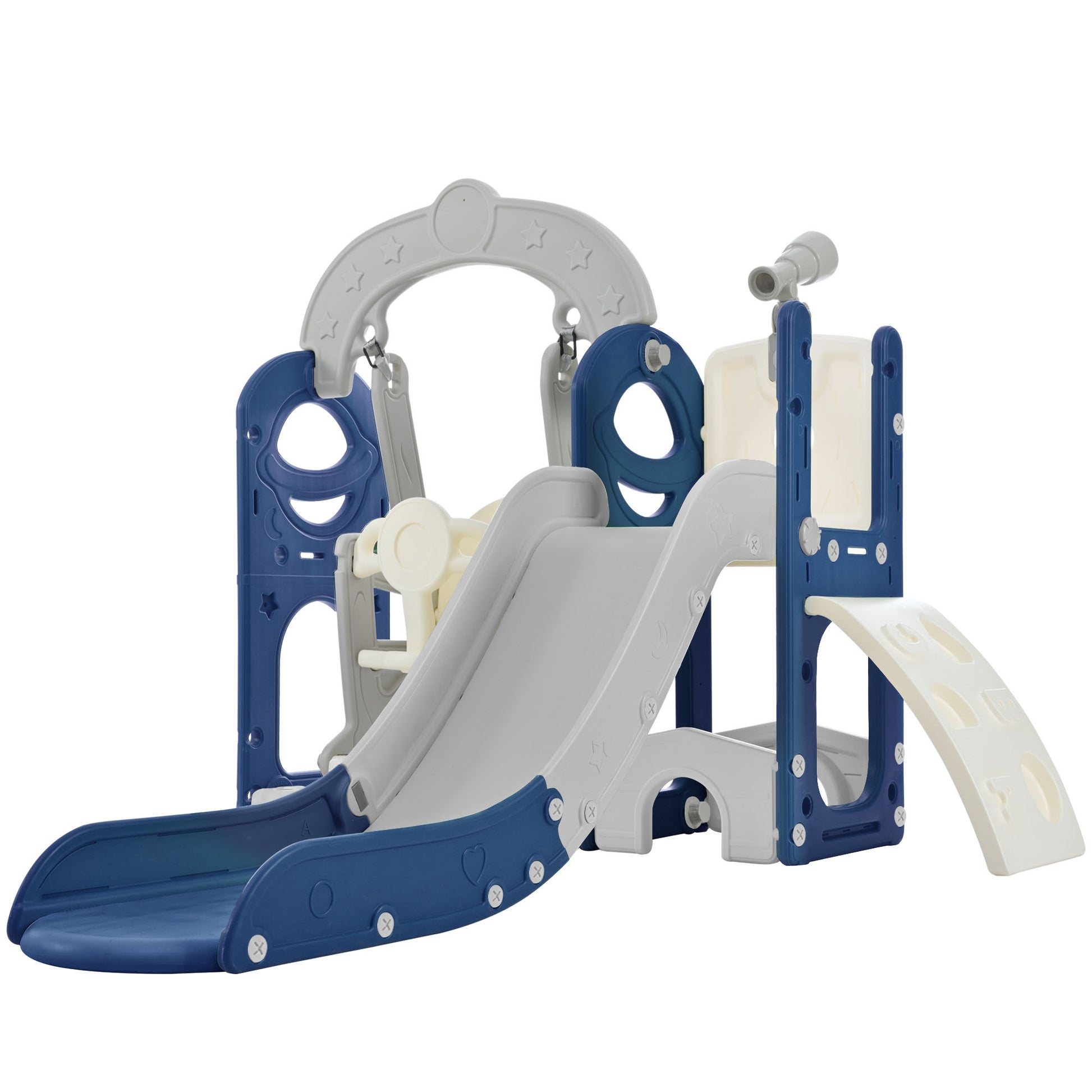 Toddler Slide And Swing Set 5 In 1, Kids Playground Climber Slide Playset With Telescope, Freestanding Combination For Babies Indoor & Outdoor Grey Blue Hdpe