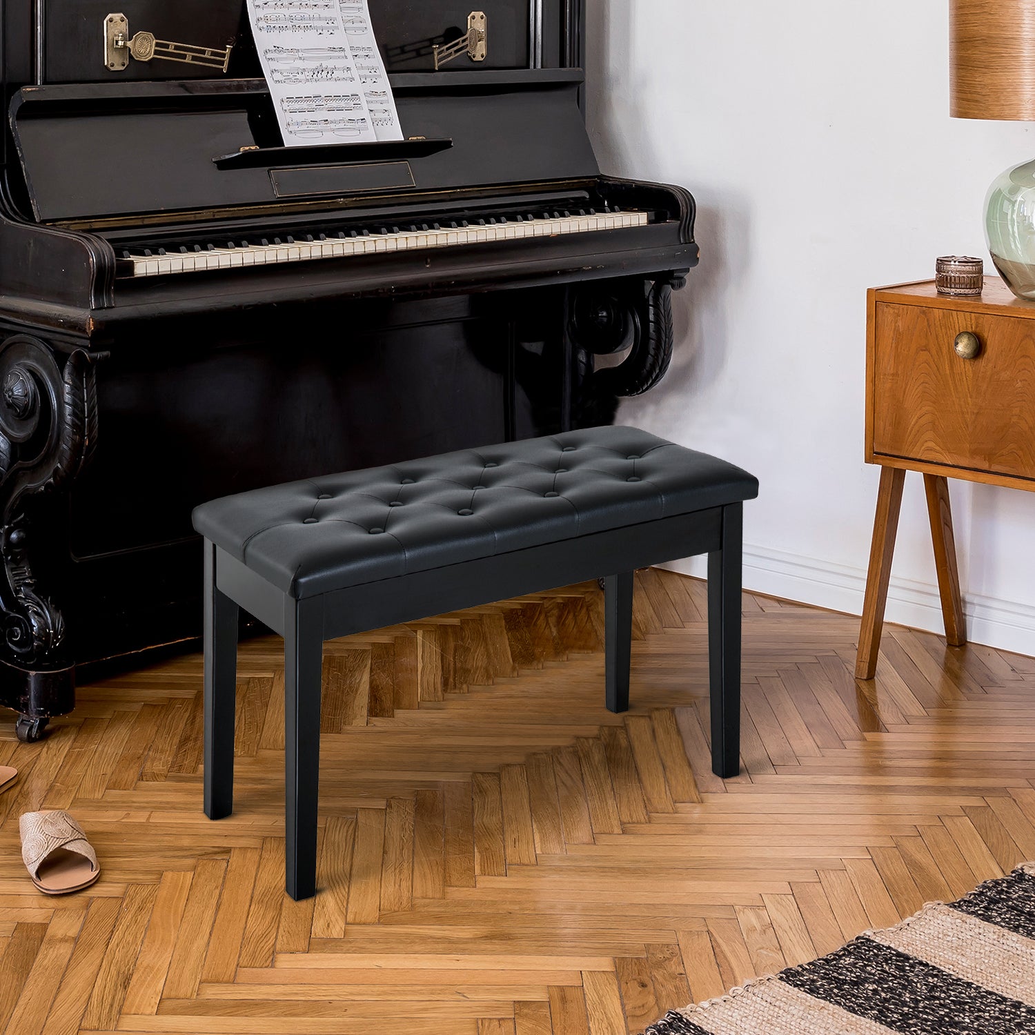 Piano Bench, Duet Piano Chair With Faux Leather Padded Cushion And Wooden Frame, Button Tufted Keyboard Bench, Black Black Faux Leather