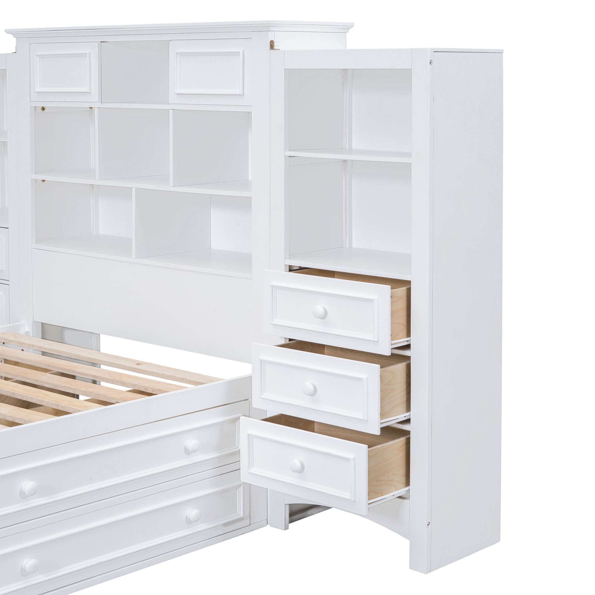 Twin Size Wood Platformbed With Vertical All In One Cabinet And 4 Drawers On Each Side, White Twin White Solid Wood Mdf