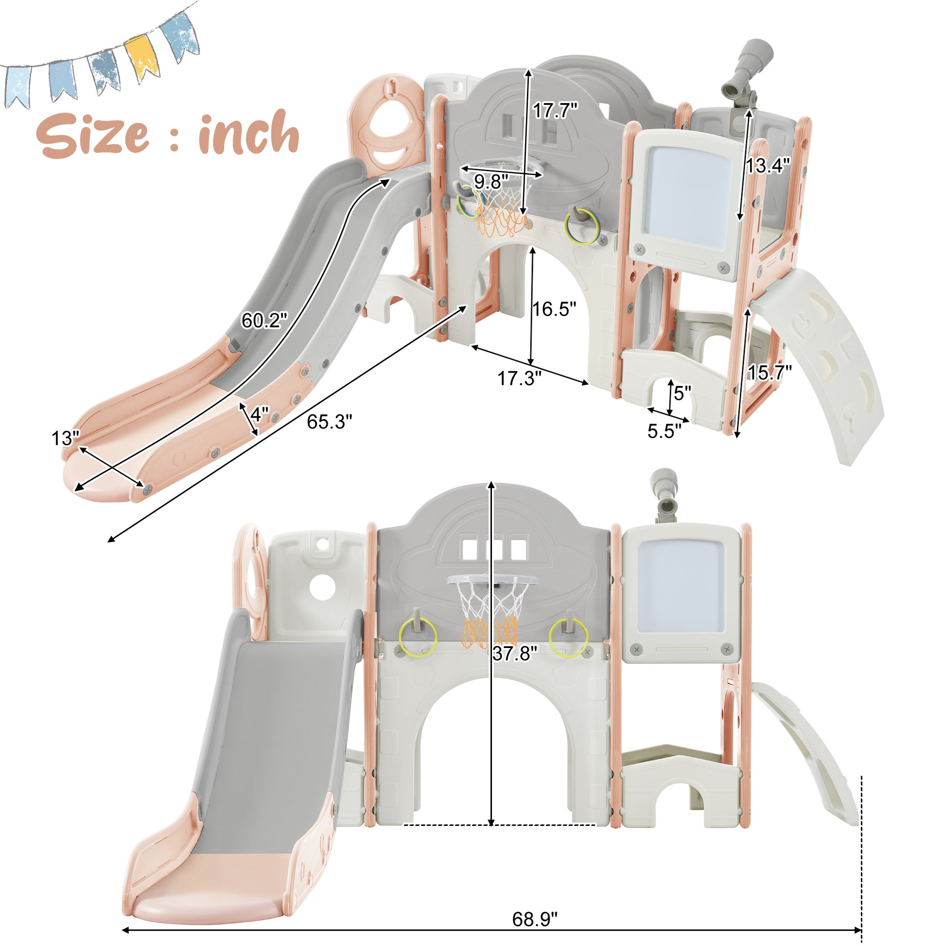 Kids Slide Playset Structure 9 In 1, Freestanding Space Set With Slide, Arch Tunnel, Ring Toss, Drawing Whiteboardl And Basketball Hoop For Toddlers, Kids Climbers Playground Pink Grey Hdpe