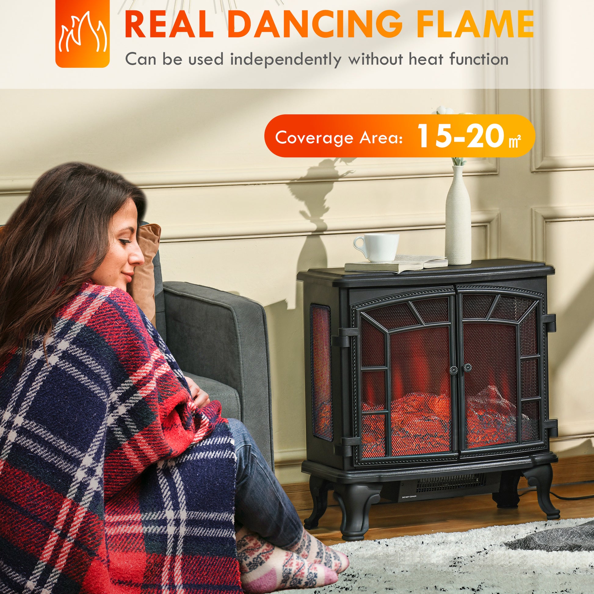 27" Electric Fireplace Heater, Fireplace Stove With Realistic Led Flames And Logs, Remote Control And Overheating Protection, 750W 1500W, Black Black Abs