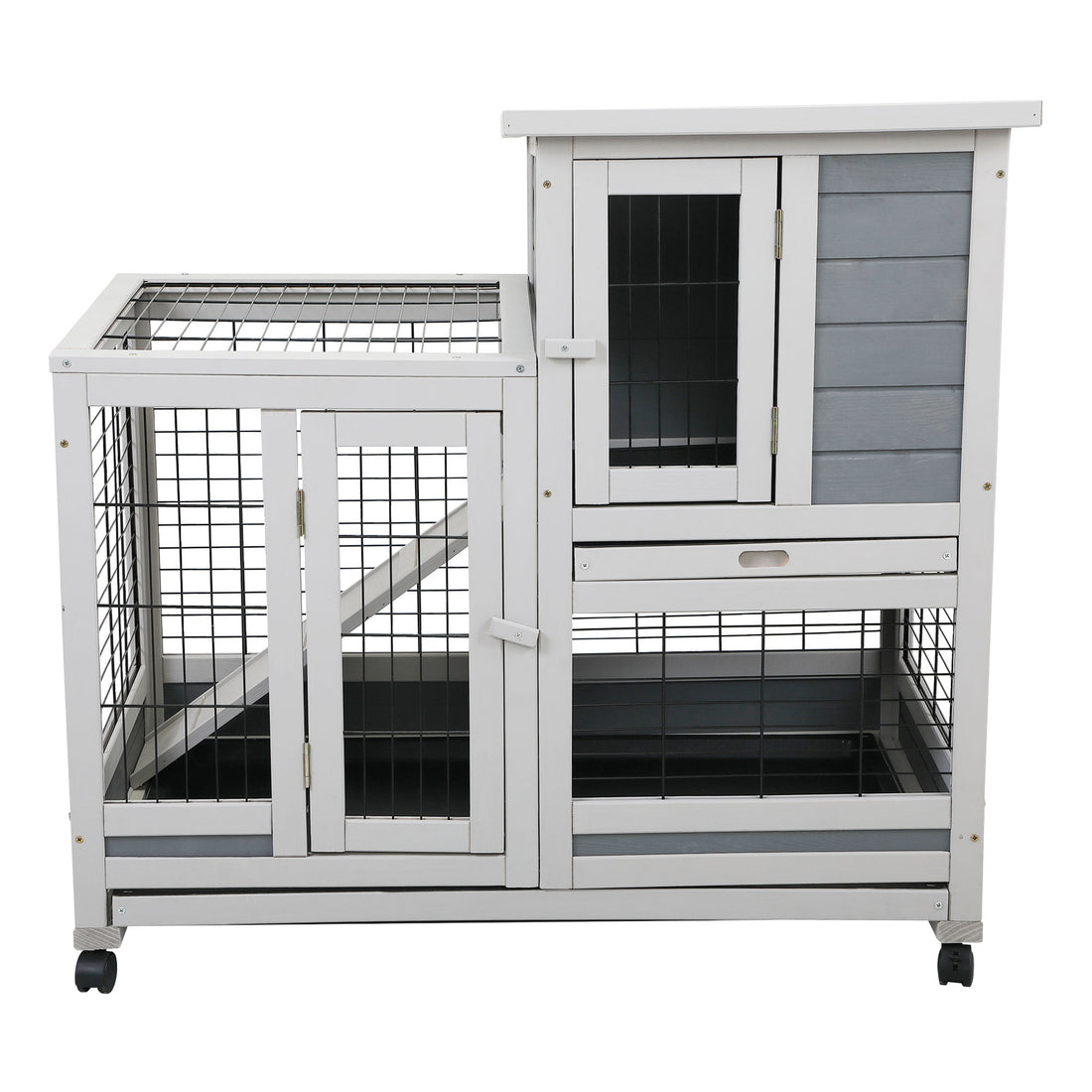 Wooden Rabbit Hutch, Outdoor Pet Bunny House Wooden Cage With Ventilation Gridding Fence, Openable Door, Cleaning Tray, Gray Gray Wood