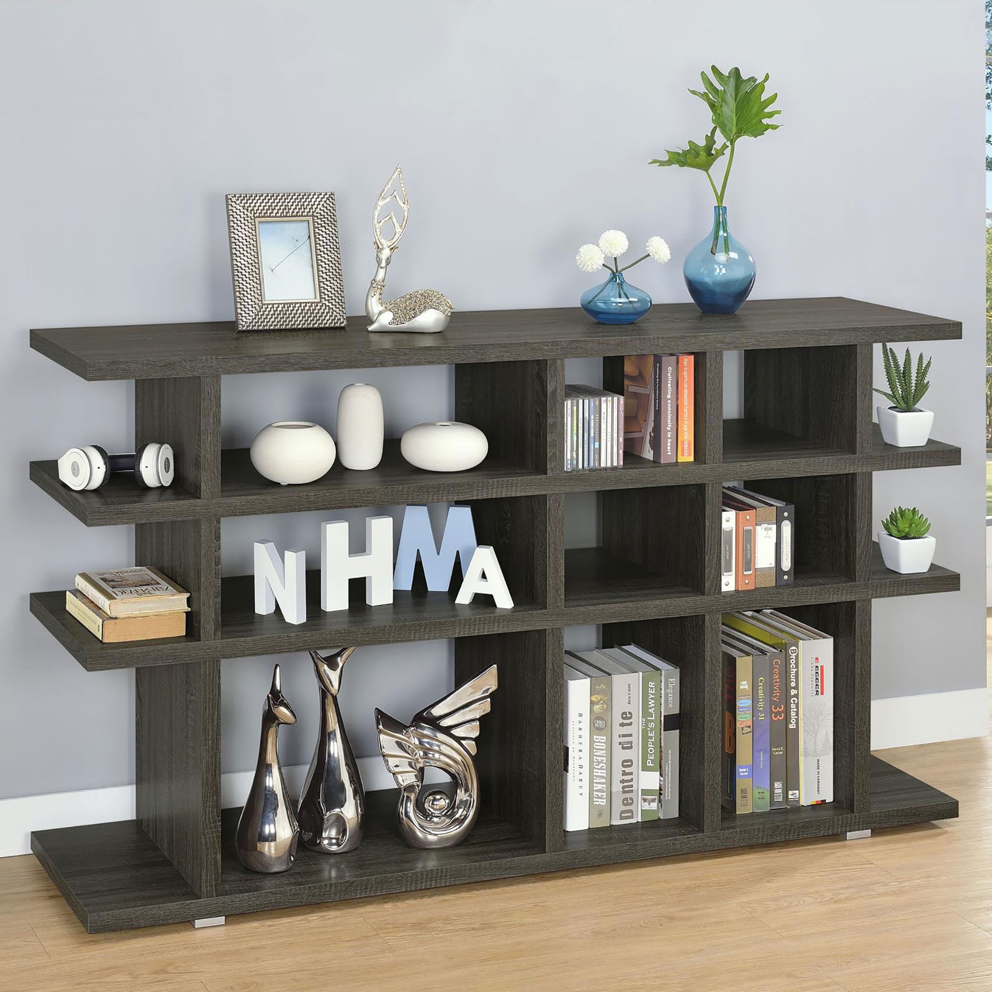 Weathered Grey 3 Tier Open Back Bookcase 3 Grey Etagere Horizontal Primary Living Space Open Back Wood Rustic Wood