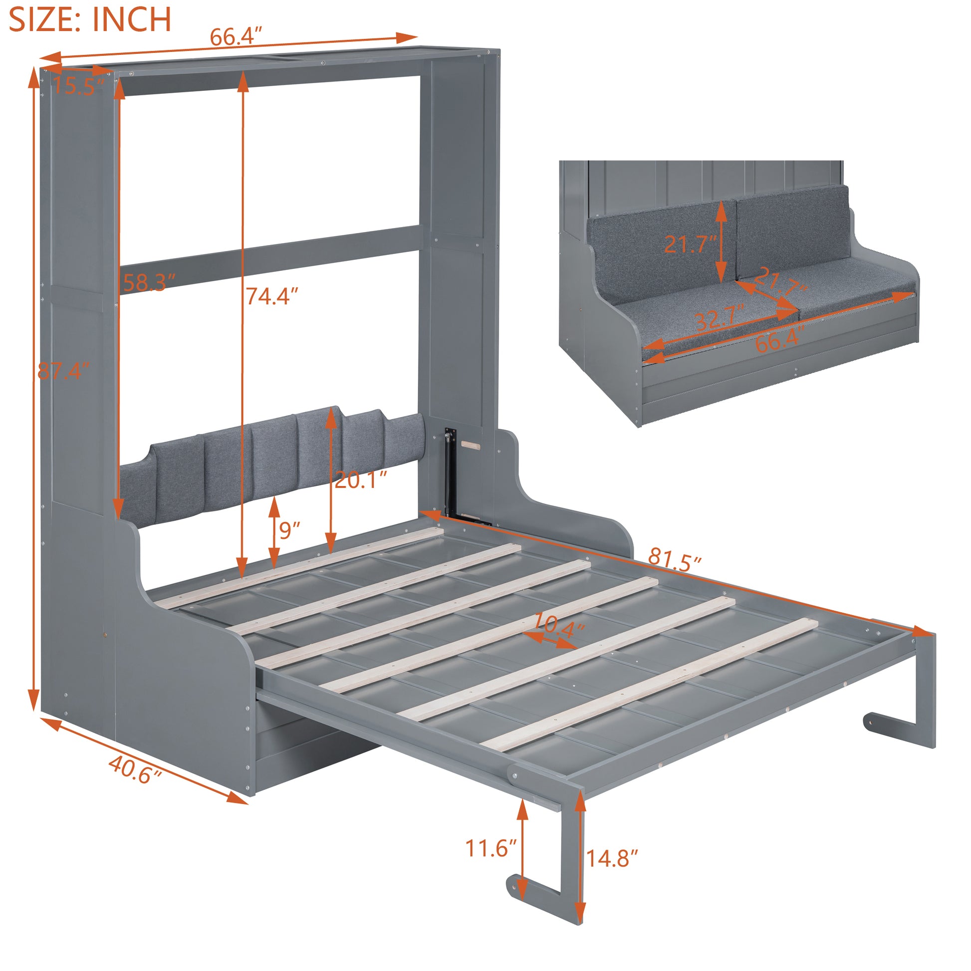 Queen Size Murphy Bed Wall Bed With Cushion,Gray Queen Gray Mdf Lvl
