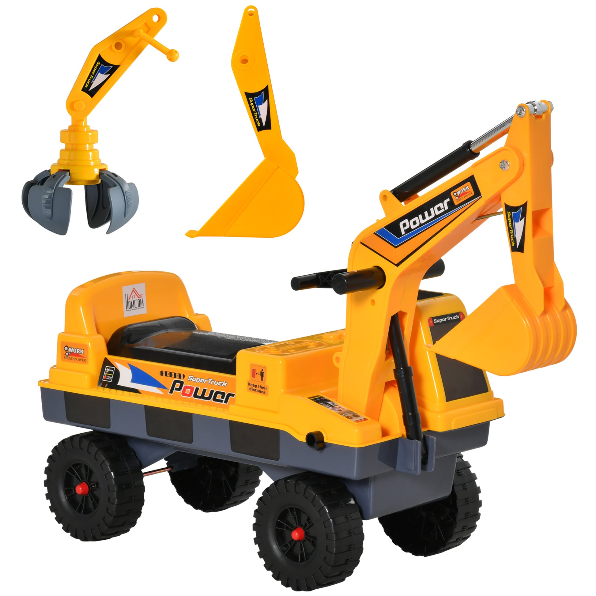 No Power 2 In 1 Ride On Excavator With Helmet And Claw, Construction Truck Set, Multi Functional Digger With Storage, Light And Music, Yellow Yellow Abs