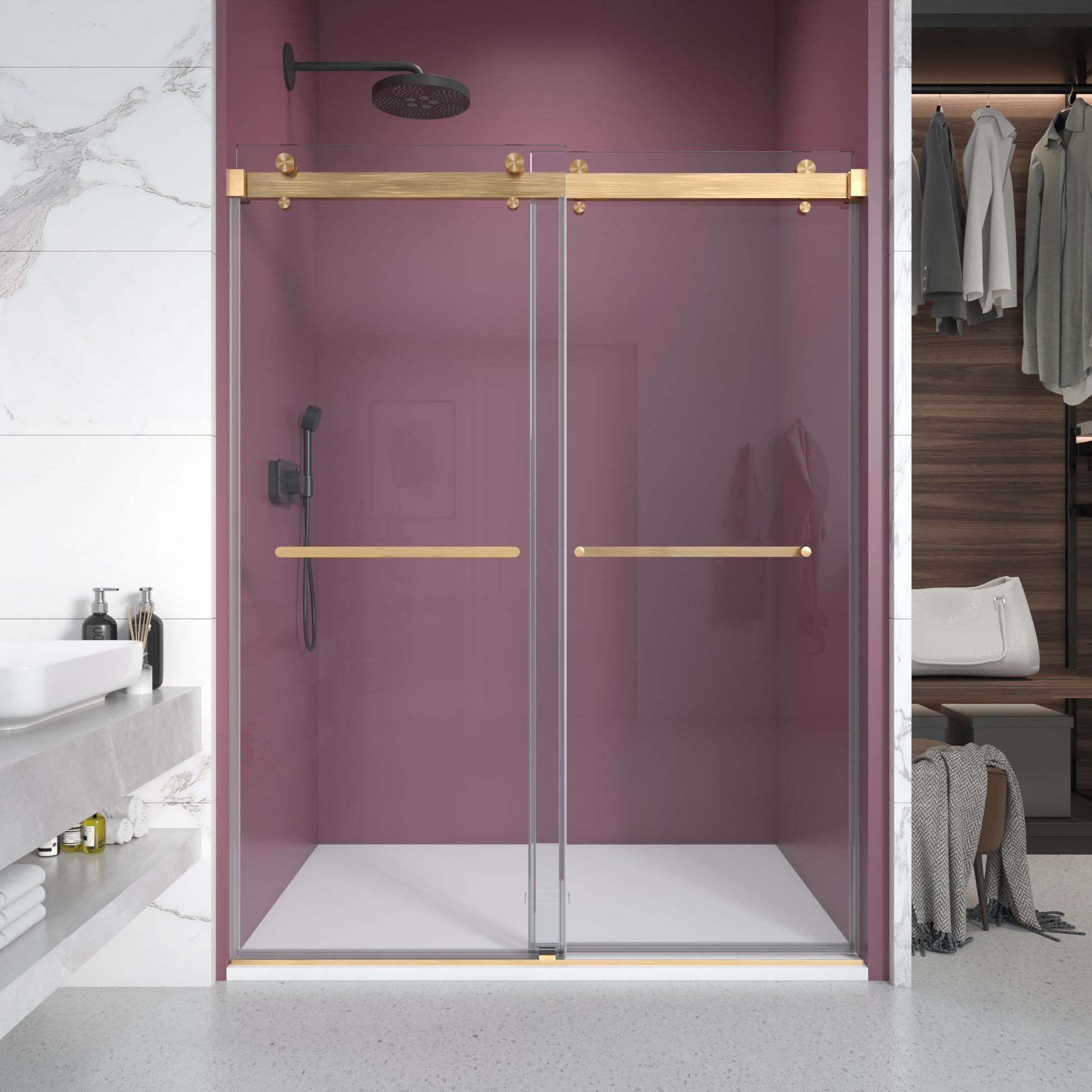 50'' 54'' W X 76'' H Double Sliding Frameless Shower Door With 3 8 Inch 10Mm Clear Glass In Brushed Gold Brushed Gold Stainless Steel