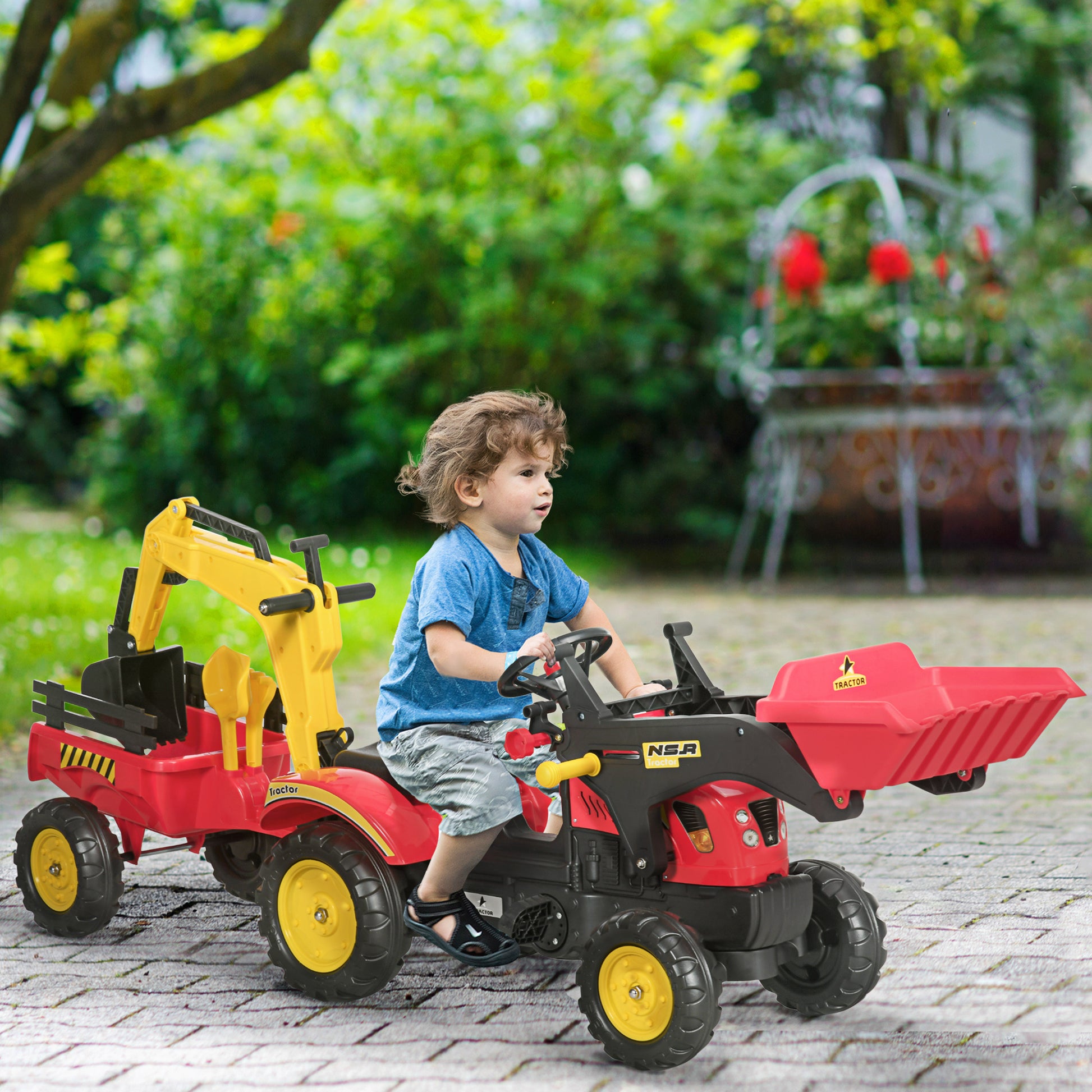 3 In1 Kids Ride On Excavator Bulldozer, Pedal Car Digger Toy Move Forward Back With 6 Wheels And Detachable Cargo Trailer Yellow Steel