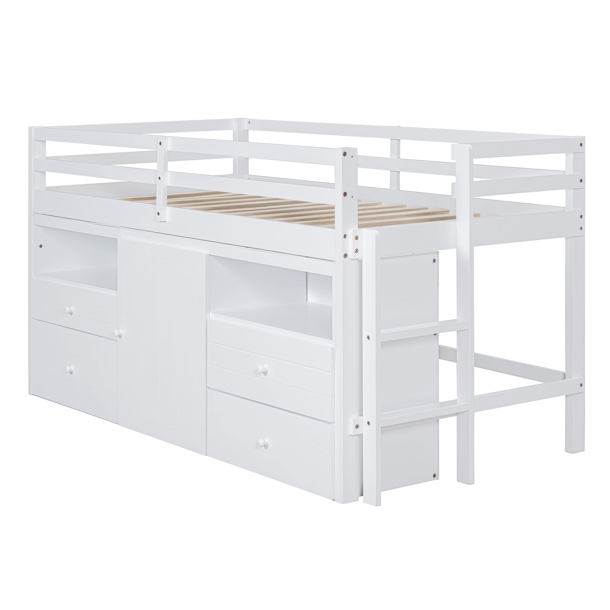 Twin Size Loft Bed With 4 Drawers, Underneath Cabinet And Shelves, White White Solid Wood Mdf