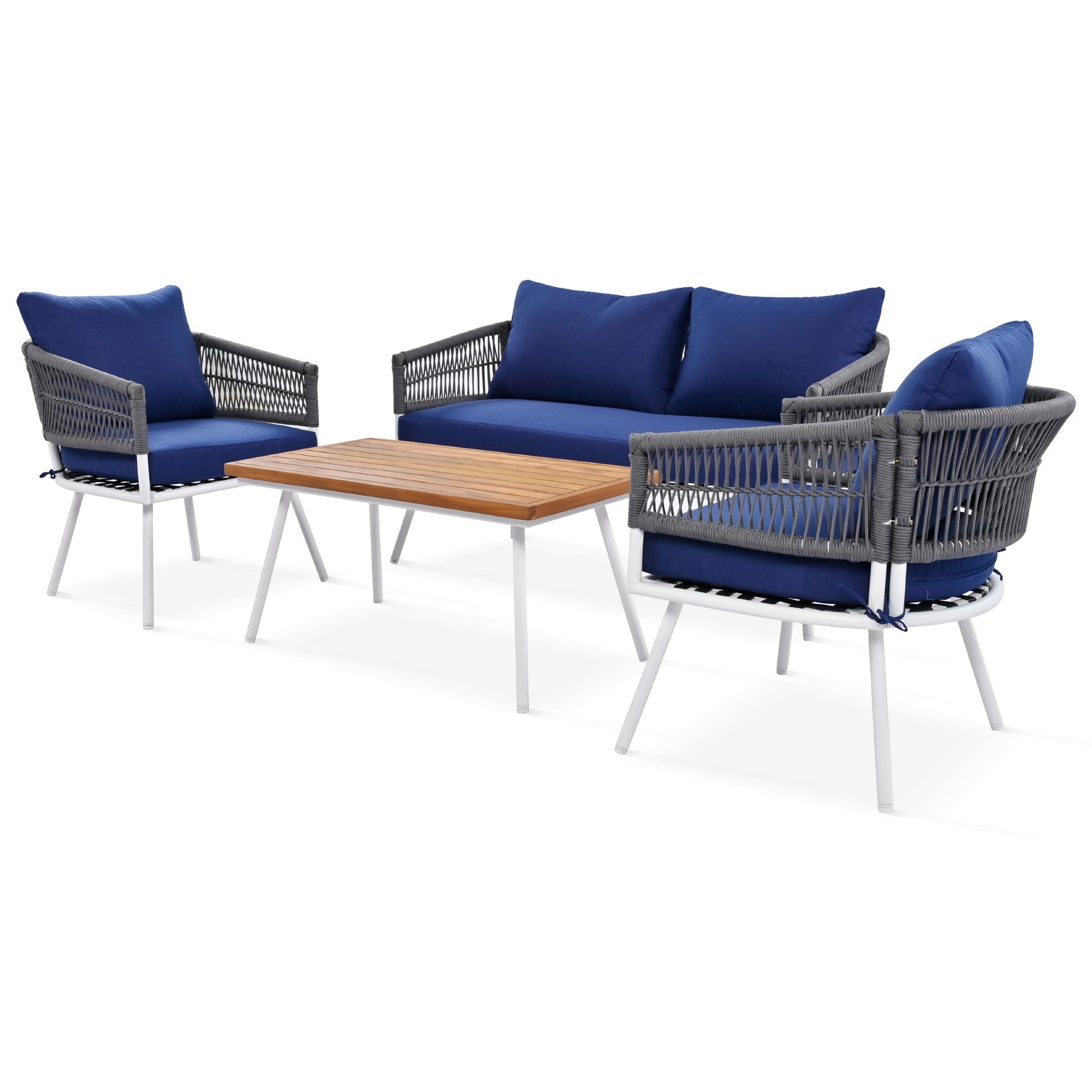 K&K 4 Piece Boho Rope Patio Furniture Set, Outdoor Furniture With Acacia Wood Table, Patio Conversation Set With Deep Seating & Thick Cushion For Backyard Porch Balcony, Navy Blue Yes Complete Patio Set Navy Blue Weather Resistant Frame Fade Resistant