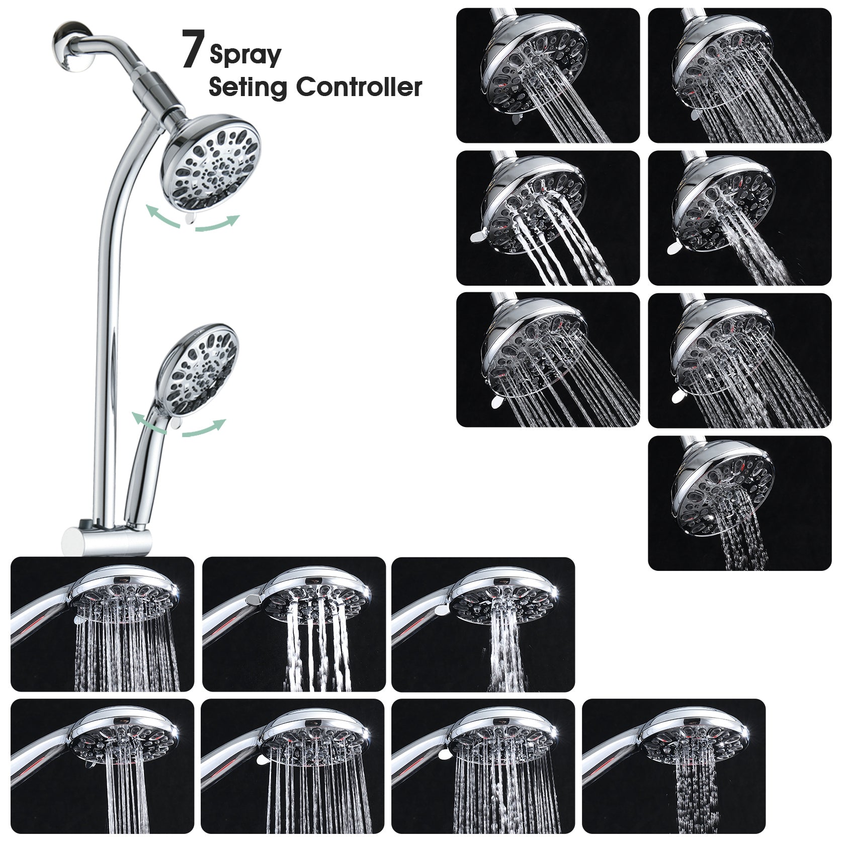 Drill Free Stainless Steel Slide Bar Combo Rain Showerhead 7 Setting Hand, Dual Shower Head Spa System Chrome Abs