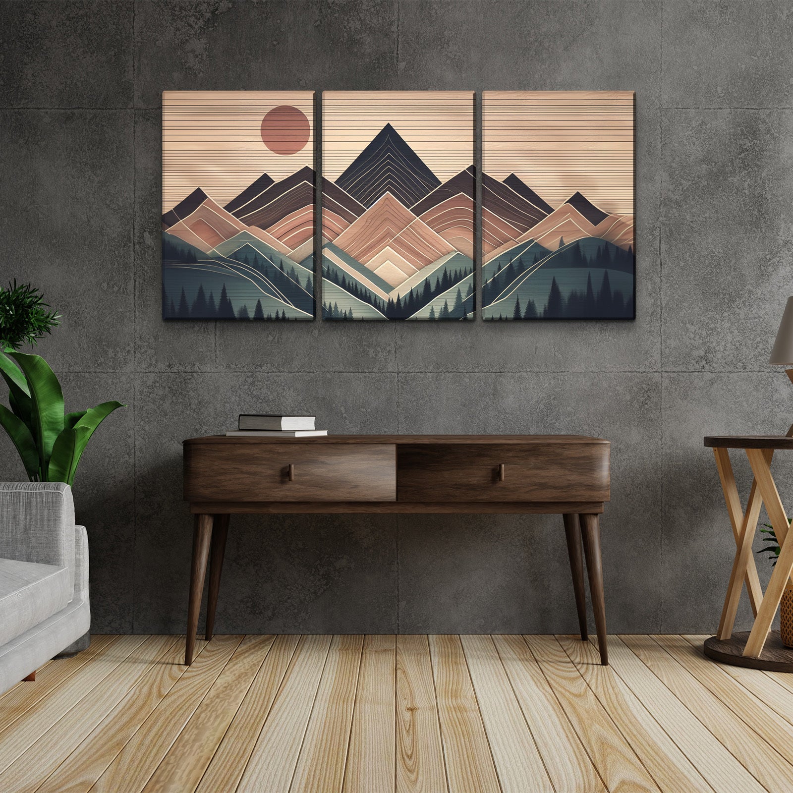 3 Panels Framed Abstract Wood Grain Boho Style Mountain & Forest Canvas Wall Art Decor,3 Pieces Mordern Canvas Decoration Painting For Office,Dining Room,Living Room, Bedroom Decor Ready To Hang Rectangle Framed Multicolor Oversized 41In Canvas Nature