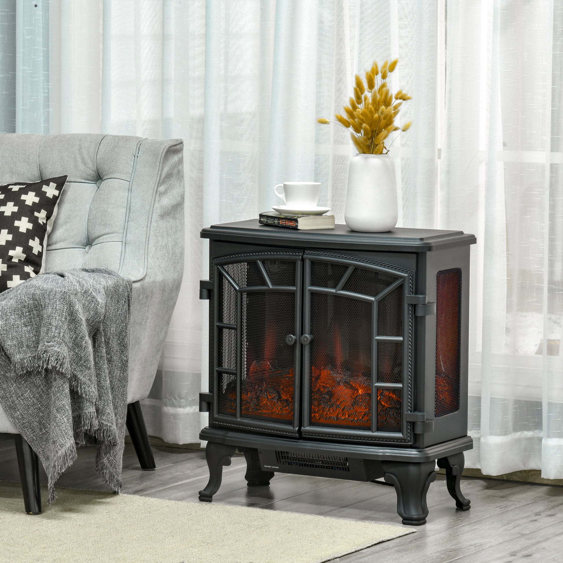 27" Electric Fireplace Heater, Fireplace Stove With Realistic Led Flames And Logs, Remote Control And Overheating Protection, 750W 1500W, Black Black Abs