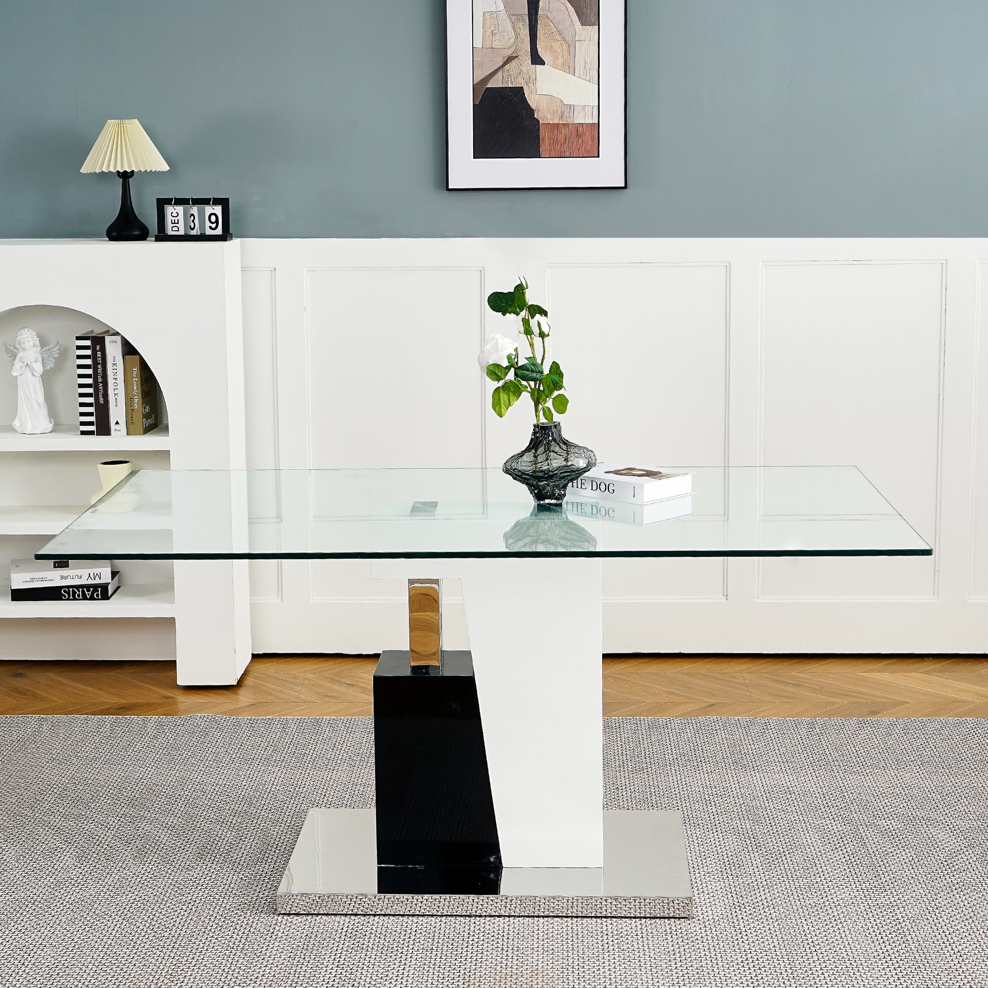 Modern Style Glass Table, Pu Fabric Chair Electroplated Chair Legs, Solid Support Base, Furniture Made Of Selected Materials To Highlight Fashion, Suitable For Living Room Use Set Of 5 White Mdf Metal