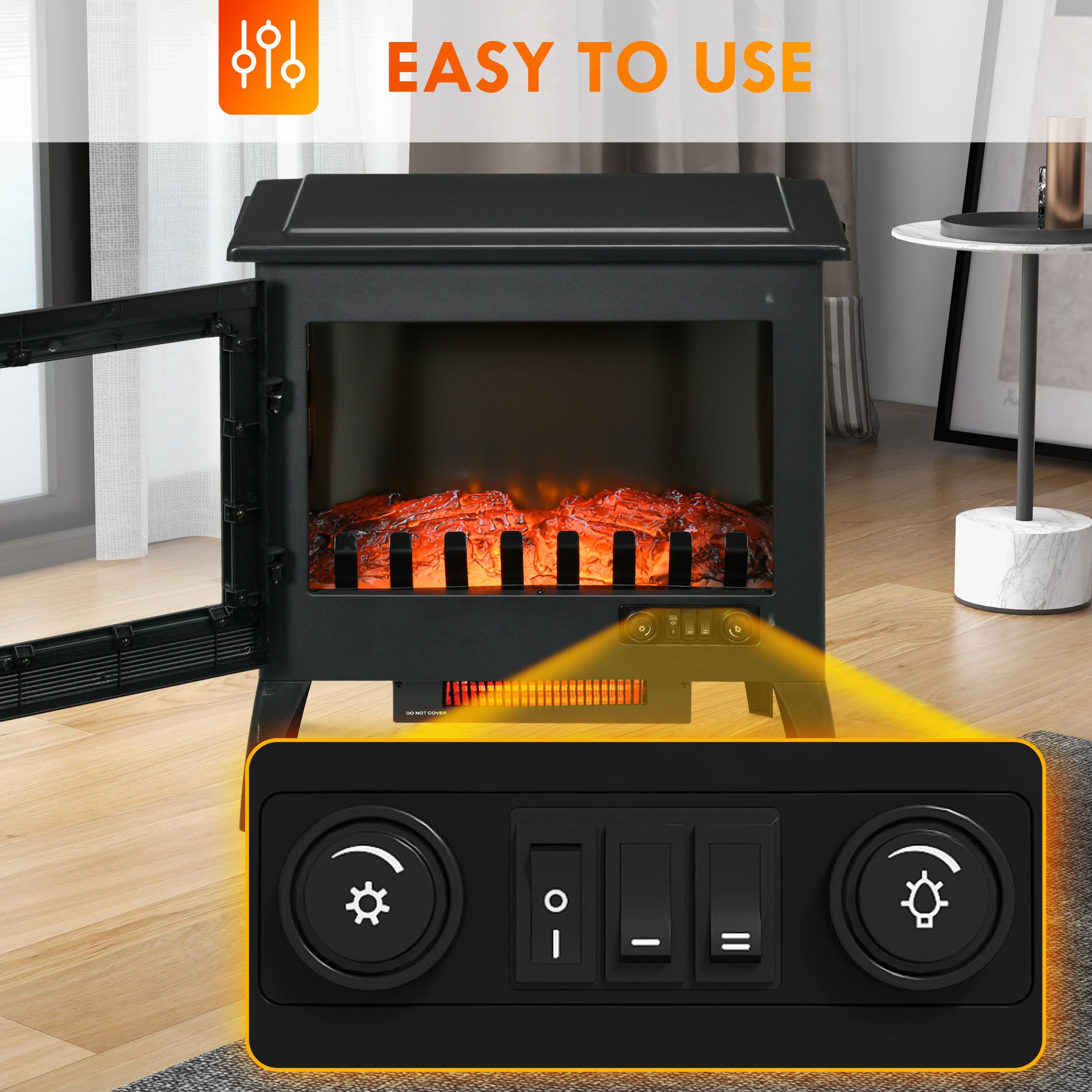 24" Electric Fireplace Stove, Freestanding Infrared Fire Place Heater With Realistic Logs Flame, Adjustable Temperature, Overheat Protection, 1000W 1500W, Black Black Abs