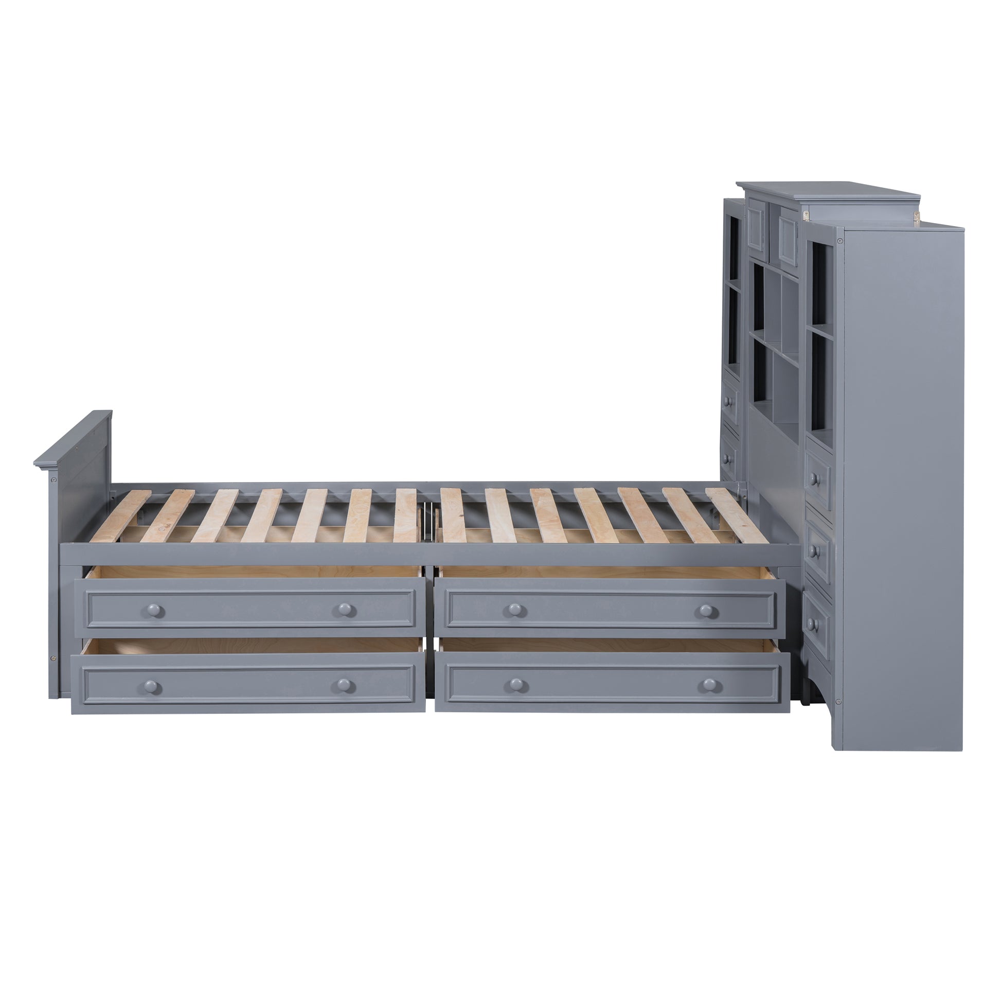 Twin Size Wood Platformbed With Vertical All In One Cabinet And 4 Drawers On Each Side, Gray Twin Gray Solid Wood Mdf