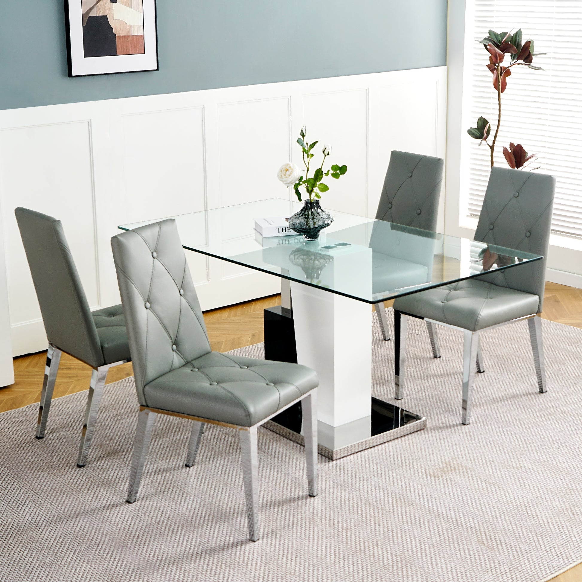 Modern Style Glass Table, Elegant Transparent Design, Durable Support Base, Solid, Selected Materials Made Of Furniture Display Fashion, Suitable For The Living Room Set Of 5 Grey Silver Seats 4 Mdf Glass