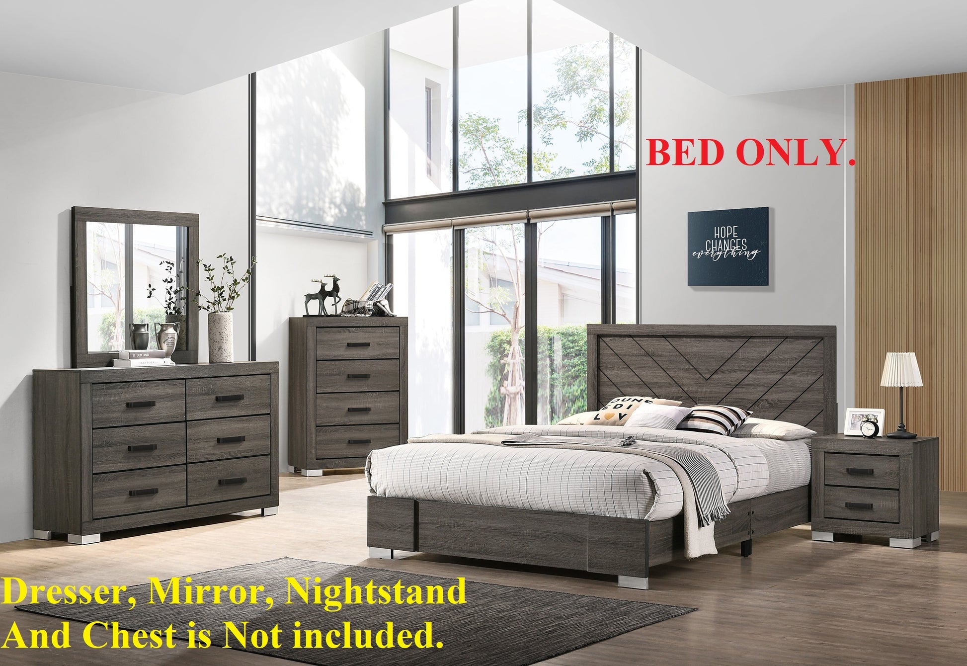 Contemporary Grey Finish Unique Queen Size Bed 1Pc Bedroom Furniture Unique Lines Headboard Wooden Box Spring Not Required Queen Gray Wood Bedroom Classic,Contemporary,Modern Bed Frame Solid Wood Mdf