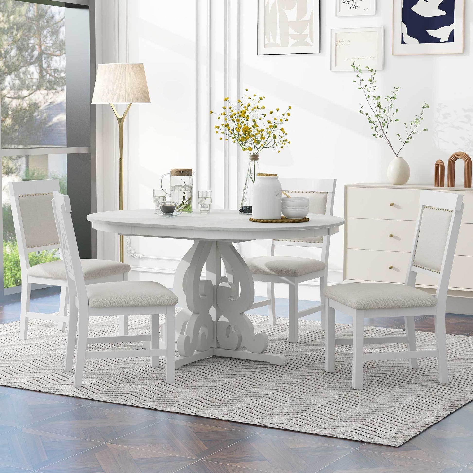 5 Piece Retro Functional Dining Set, 1 Extendable Table With A 16 Inch Leaf And 4 Upholstered Chairs For Dining Room And Kitchen Antique White Antique White Solid Wood