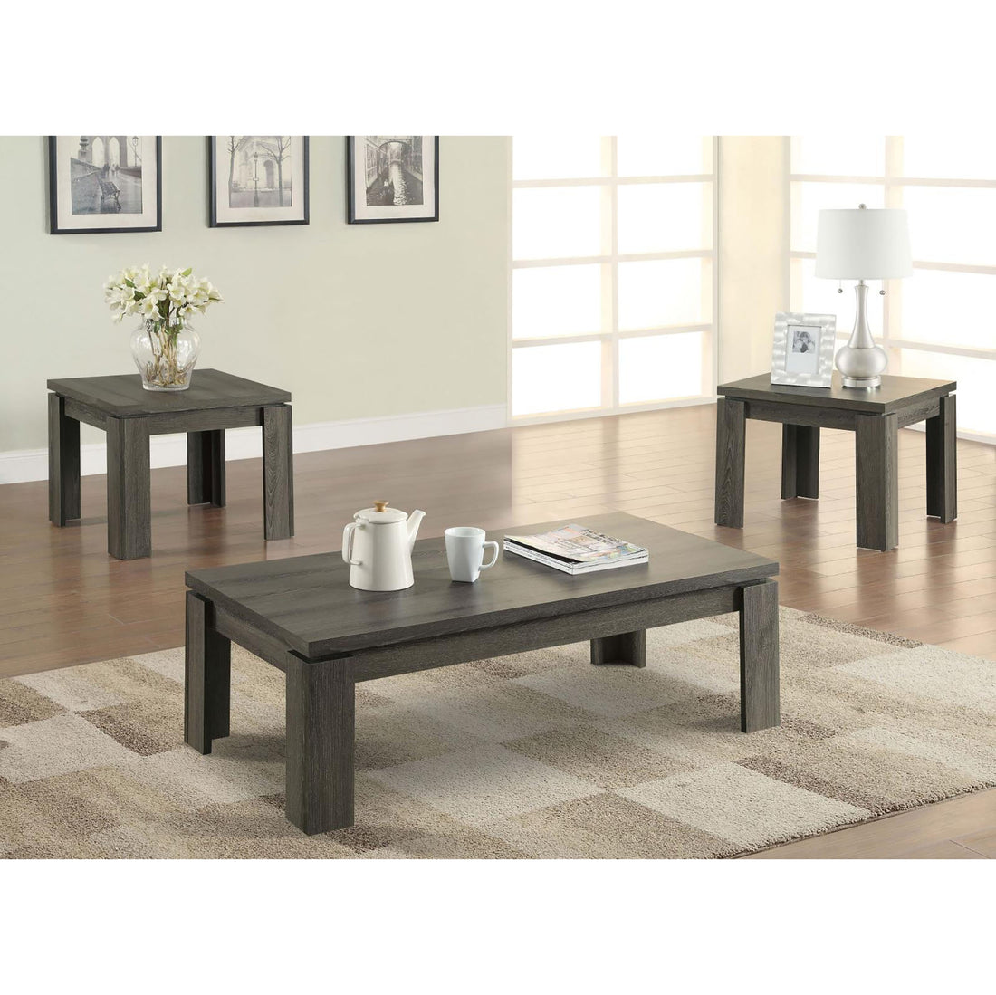 Weathered Grey 3 Piece Floating Top Occasional Set Grey Gray Primary Living Space Contemporary,Modern Rectangular Coffee & End Tables Wood