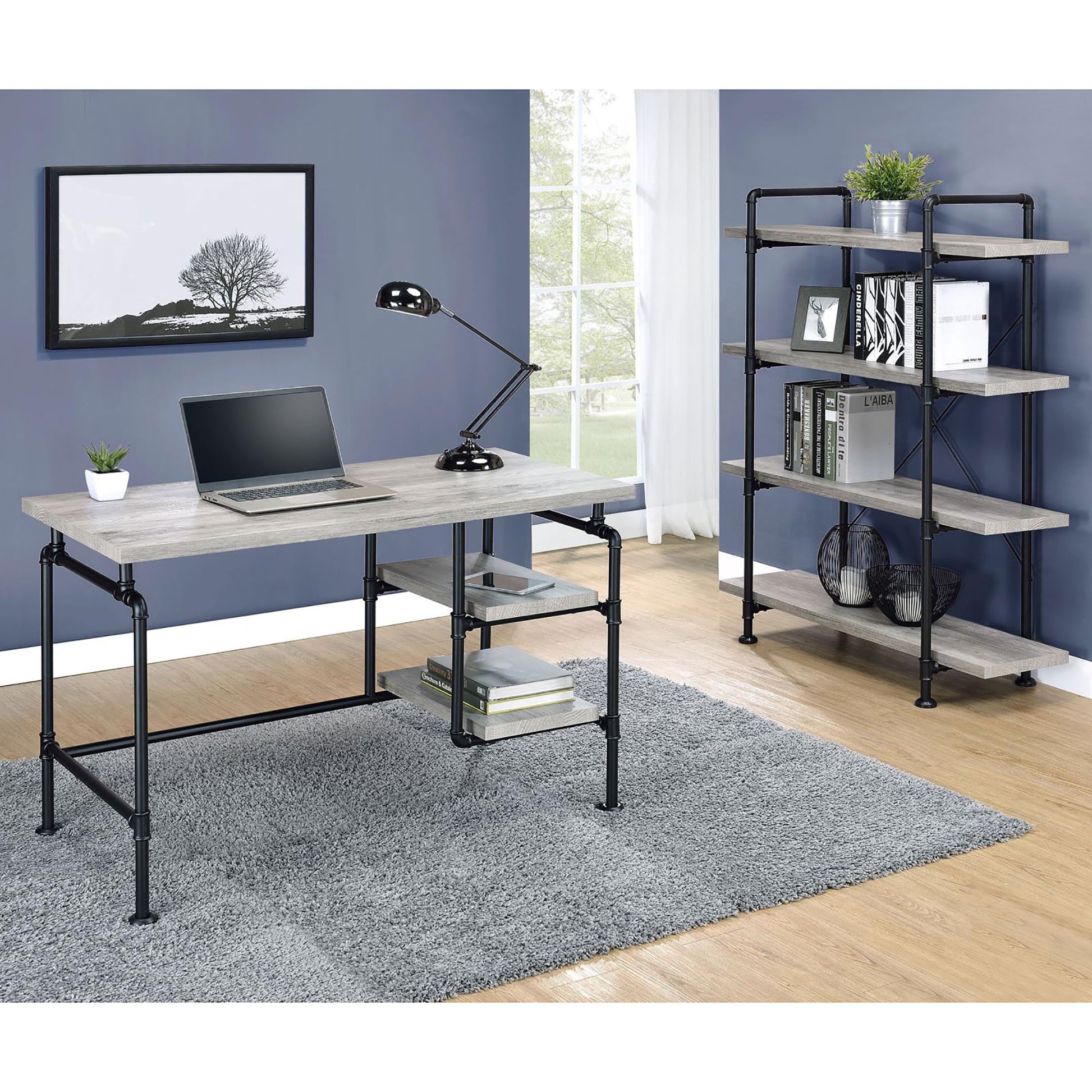 Grey Driftwood And Black 4 Shelf Bookcase 4 Grey Gray Standard Horizontal Office Open Back Wood Industrial Wood