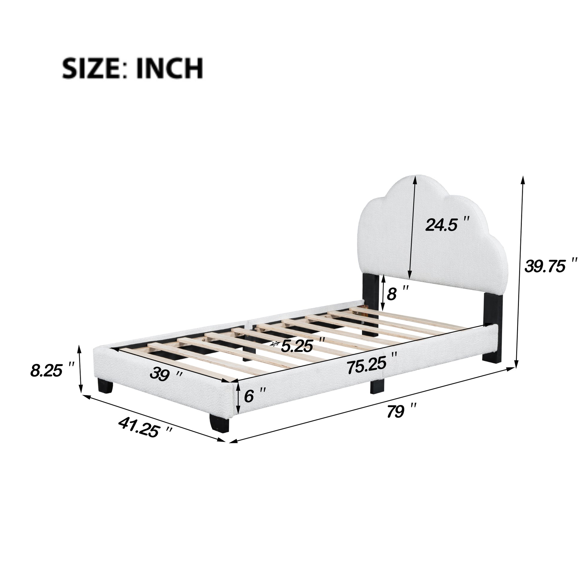 Twin Size Upholstered Boucle Fabric Platform Bed With Cloud Shaped Headboard White Upholstered