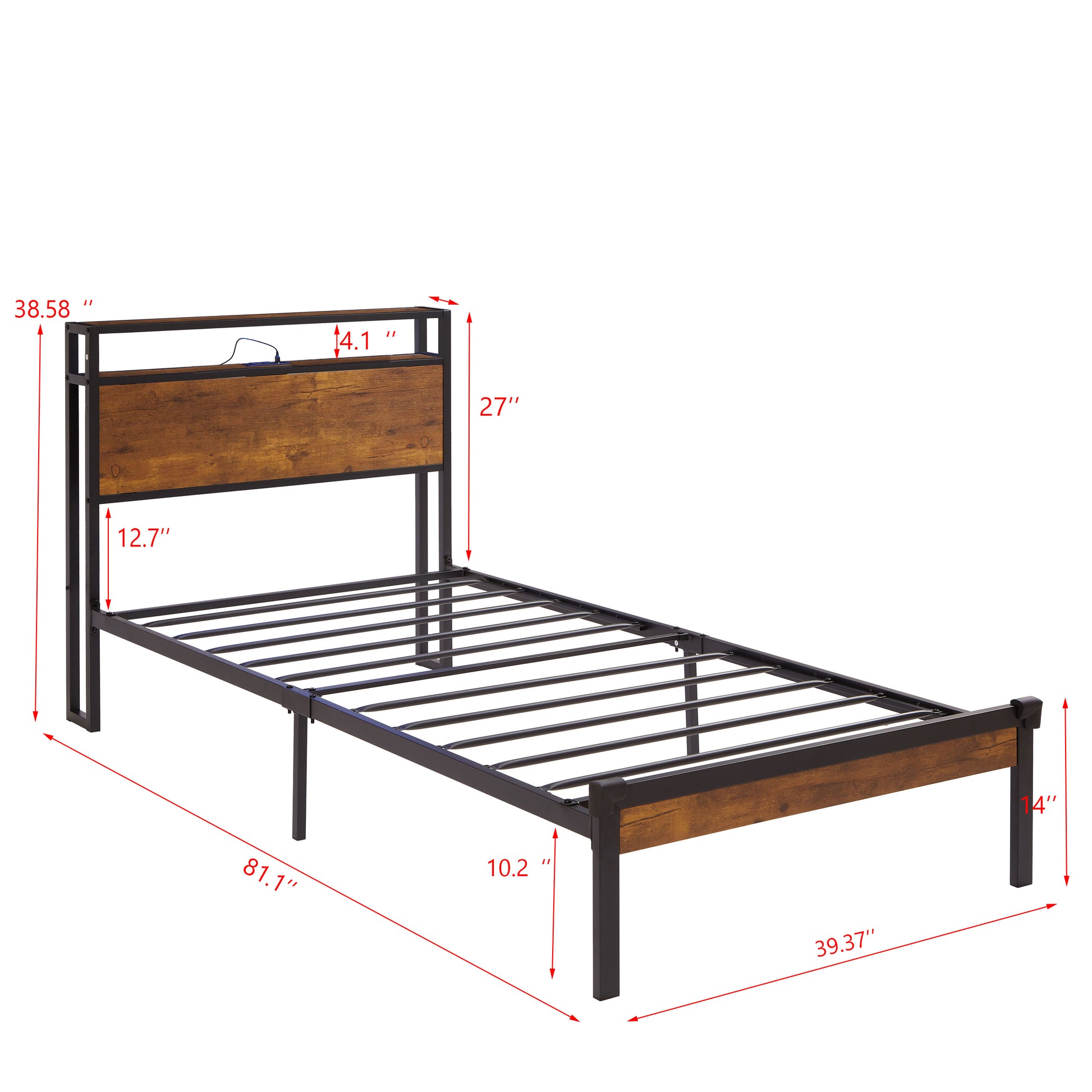 Twin Size Metal Platform Bed Frame With Wooden Headboard And Footboard With Usb Liner, Led Lights ,No Box Spring Needed, Large Under Bed Storage, Easy Assemble Black Brown Metal