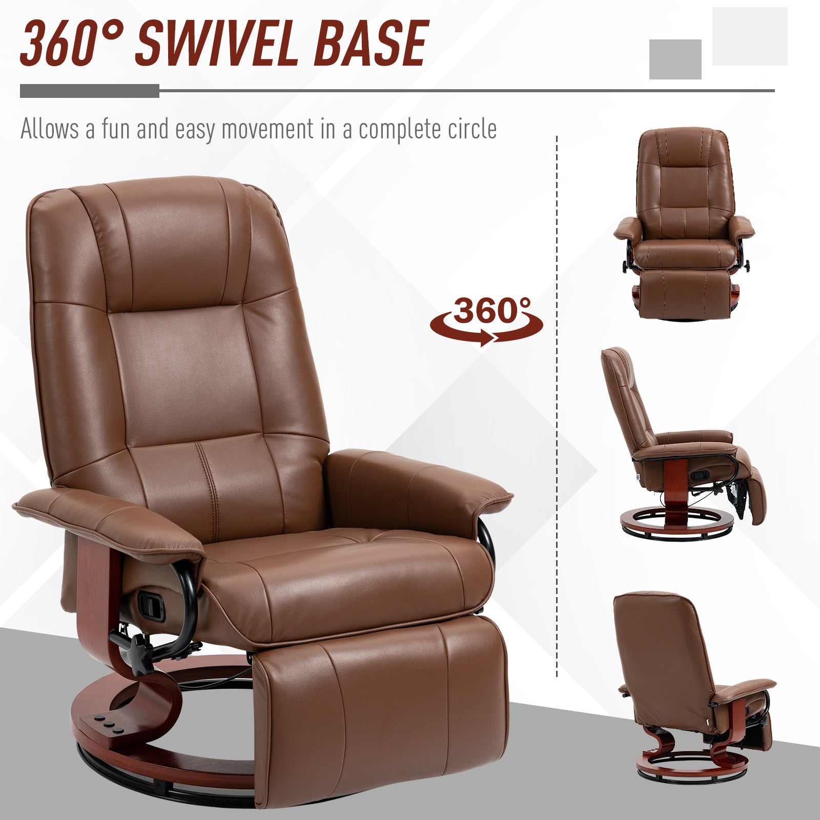 Faux Leather Manual Recliner, Adjustable Swivel Lounge Chair With Footrest, Armrest And Wrapped Wood Base For Living Room, Brown Brown Pu Leather