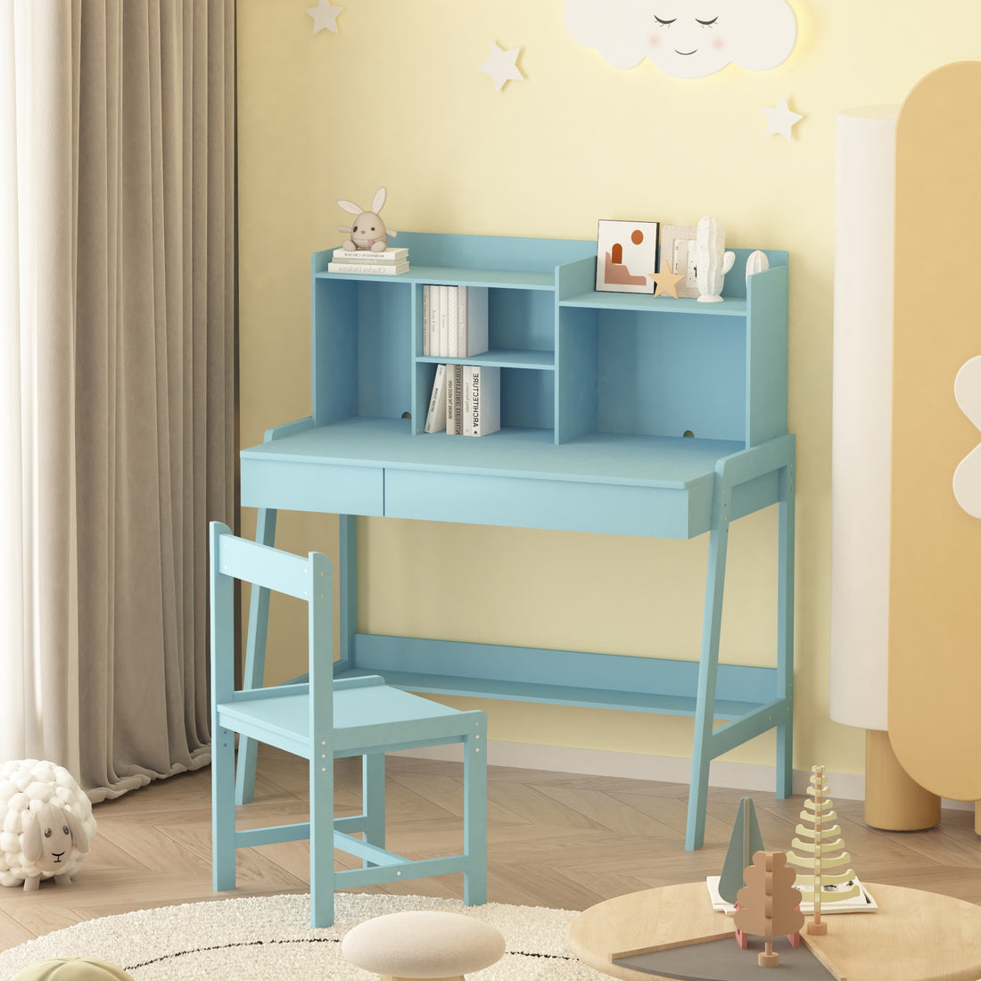 Modern Classic Desk, Children'S Desk, Solid Wood Desk, Bedroom Boy And Girl Family Desk And Chair Set, Compact, Multi Space Available, Multi Color Optional, Multi Storage Space, Color:Blue Antique Blue Light Brown Study Classic Pine Solid Wood Mdf