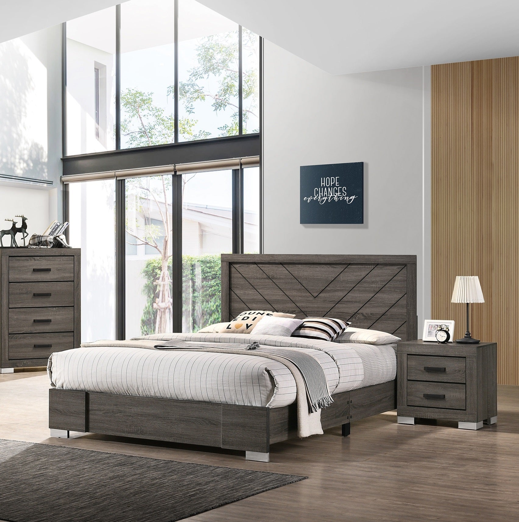 Contemporary Grey Finish Unique King Size Bed 1Pc Bedroom Furniture Unique Lines Headboard Wooden Box Spring Not Required King Gray Wood Bedroom Classic,Contemporary,Modern Bed Frame Solid Wood Mdf