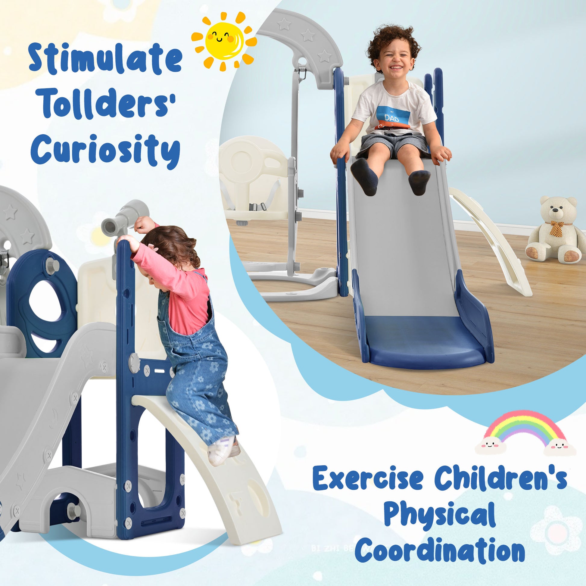 Toddler Slide And Swing Set 5 In 1, Kids Playground Climber Slide Playset With Telescope, Freestanding Combination For Babies Indoor & Outdoor Grey Blue Hdpe