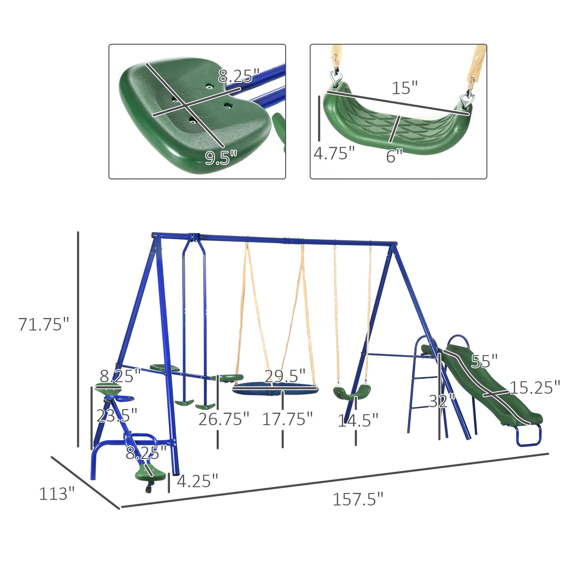 616 Lbs Swing Set For Backyard, 5 In 1 Heavy Duty A Frame Stand Outdoor Playset For Kids, With Saucer Swing, Slide, Seesaw, Glider, Swing Seat Blue Steel