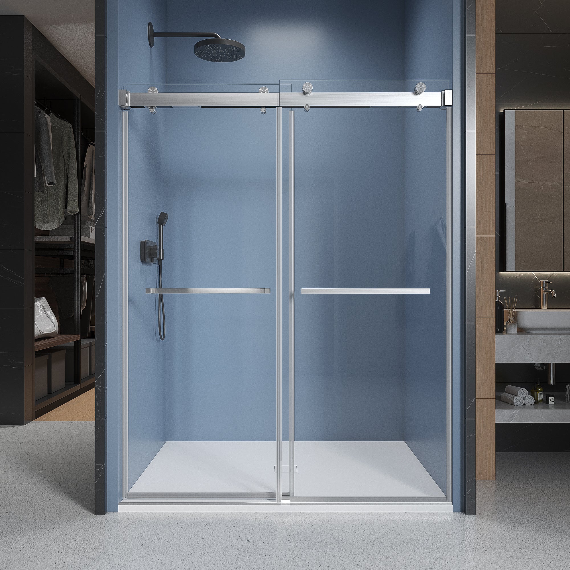 68'' 72'' W X 76'' H Soft Closing Double Sliding Frameless Shower Door With 3 8 Inch 10Mm Clear Glass In Brushed Nickel Brushed Nickel Stainless Steel