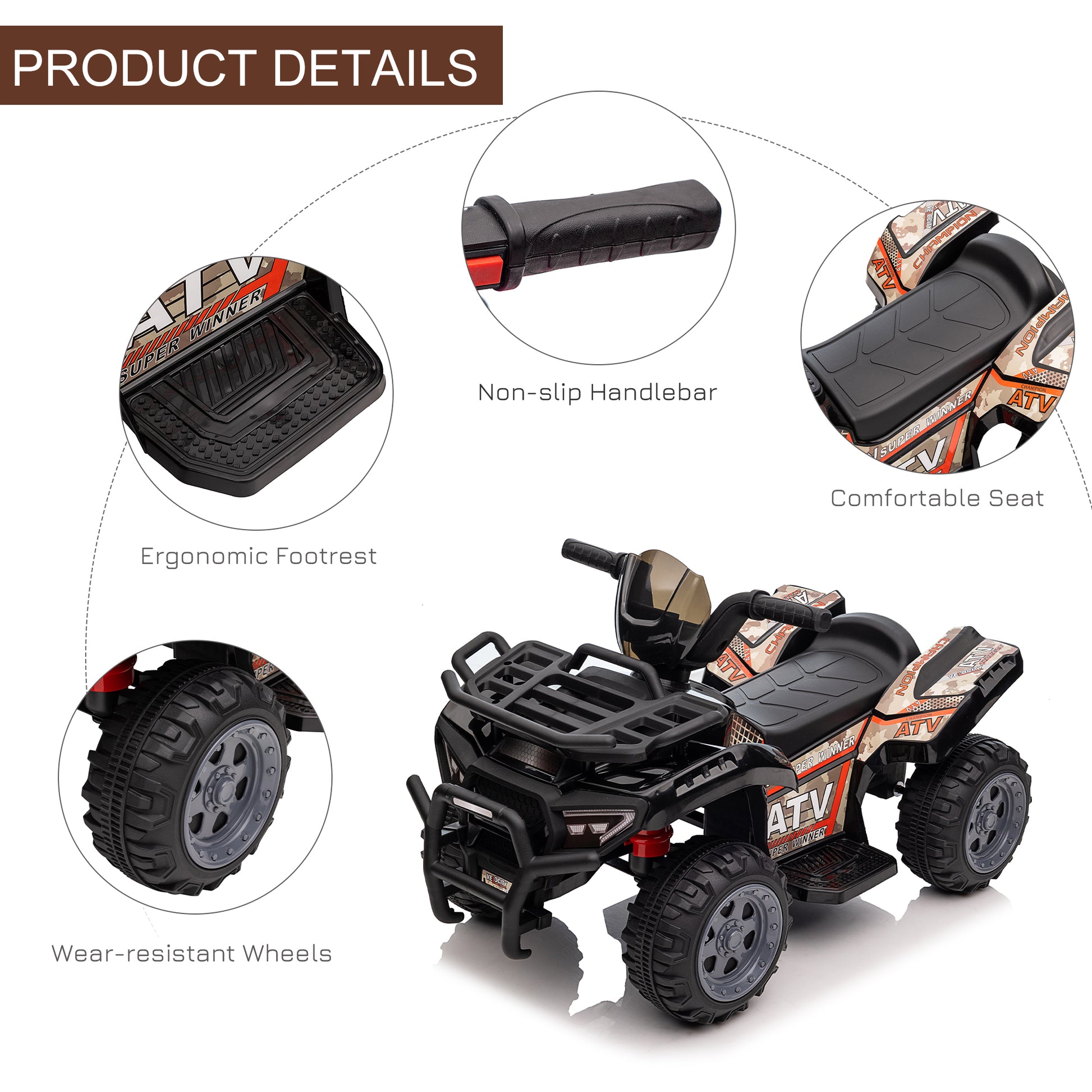 Kids Atv Four Wheeler Ride On Car, Motorized Quad, 6V Battery Powered Electric Quad With Songs For 18 36 Months, Black Black Steel