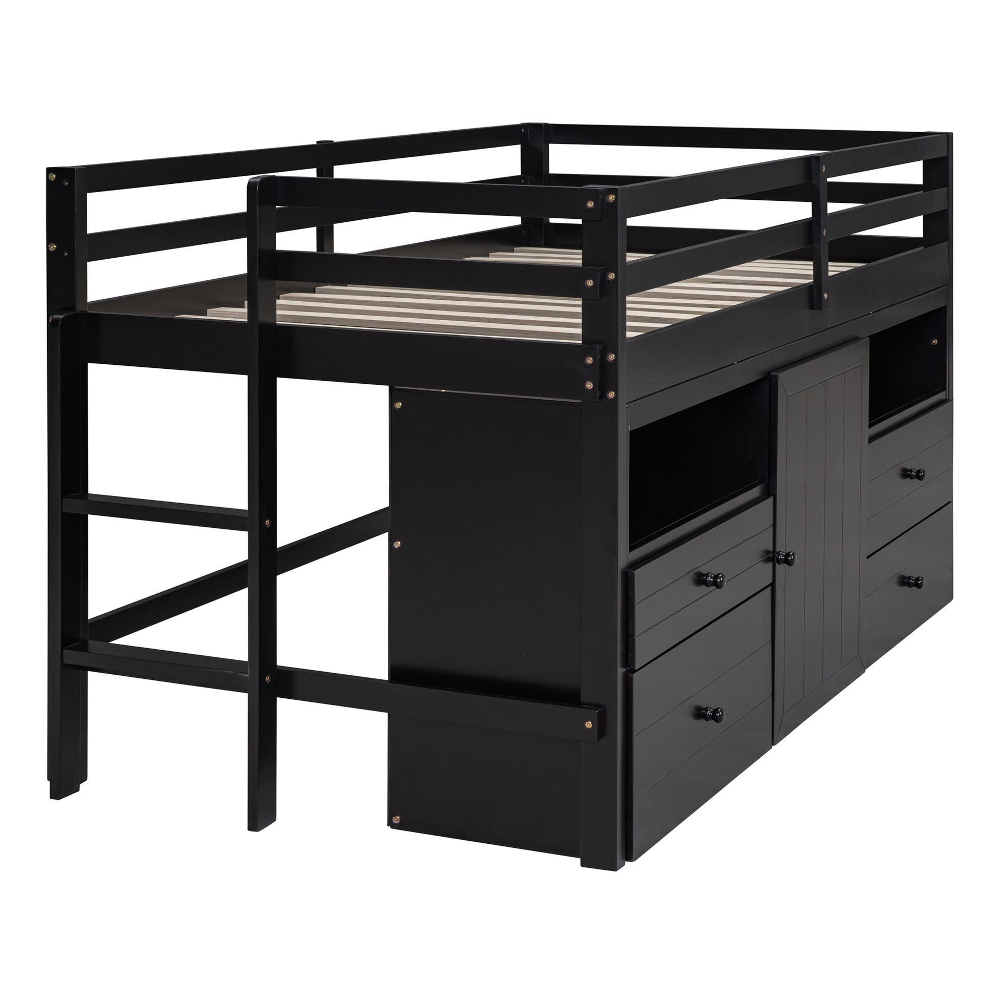 Twin Size Loft Bed With 4 Drawers, Underneath Cabinet And Shelves, Espresso Espresso Solid Wood Mdf