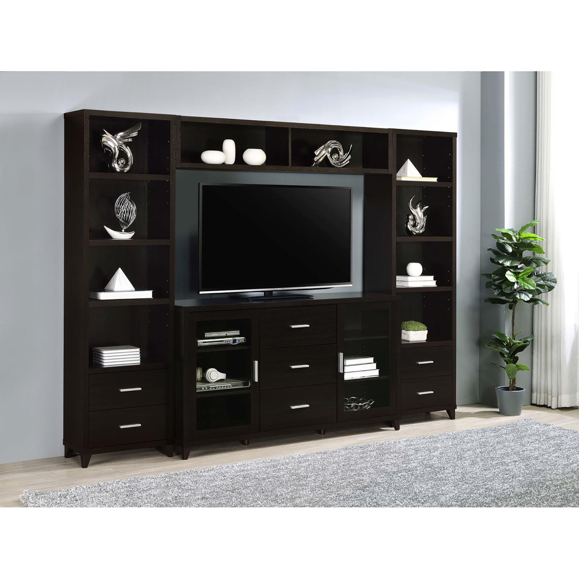 Cappuccino Media Tower With Shelf And Drawer 4 Brown Standard Horizontal Primary Living Space Closed Back Wood Contemporary,Modern Rubberwood Wood