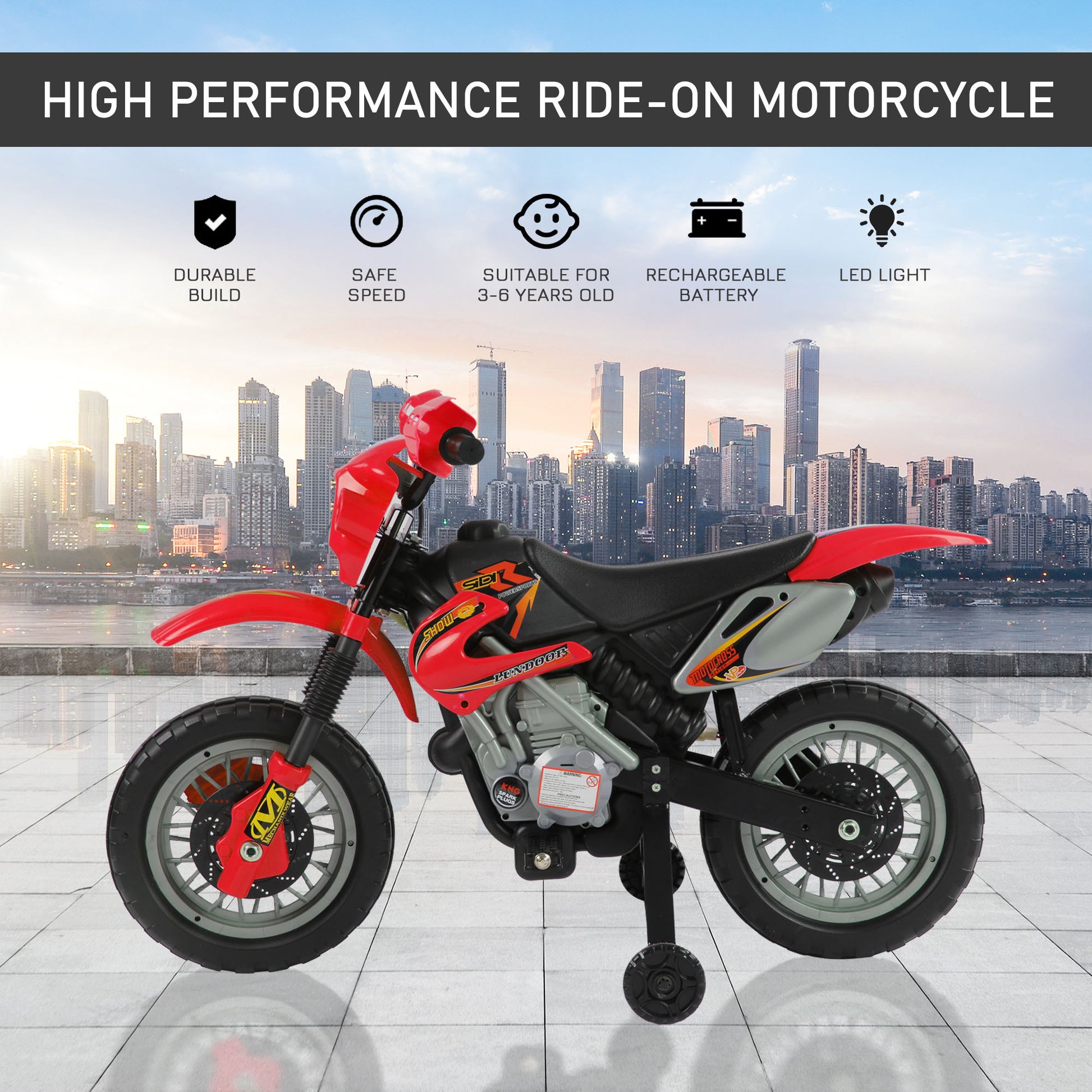 6V Kids Motorcycle Dirt Bike Electric Battery Powered Ride On Toy Off Road Street Bike With Training Wheels Red Red Steel