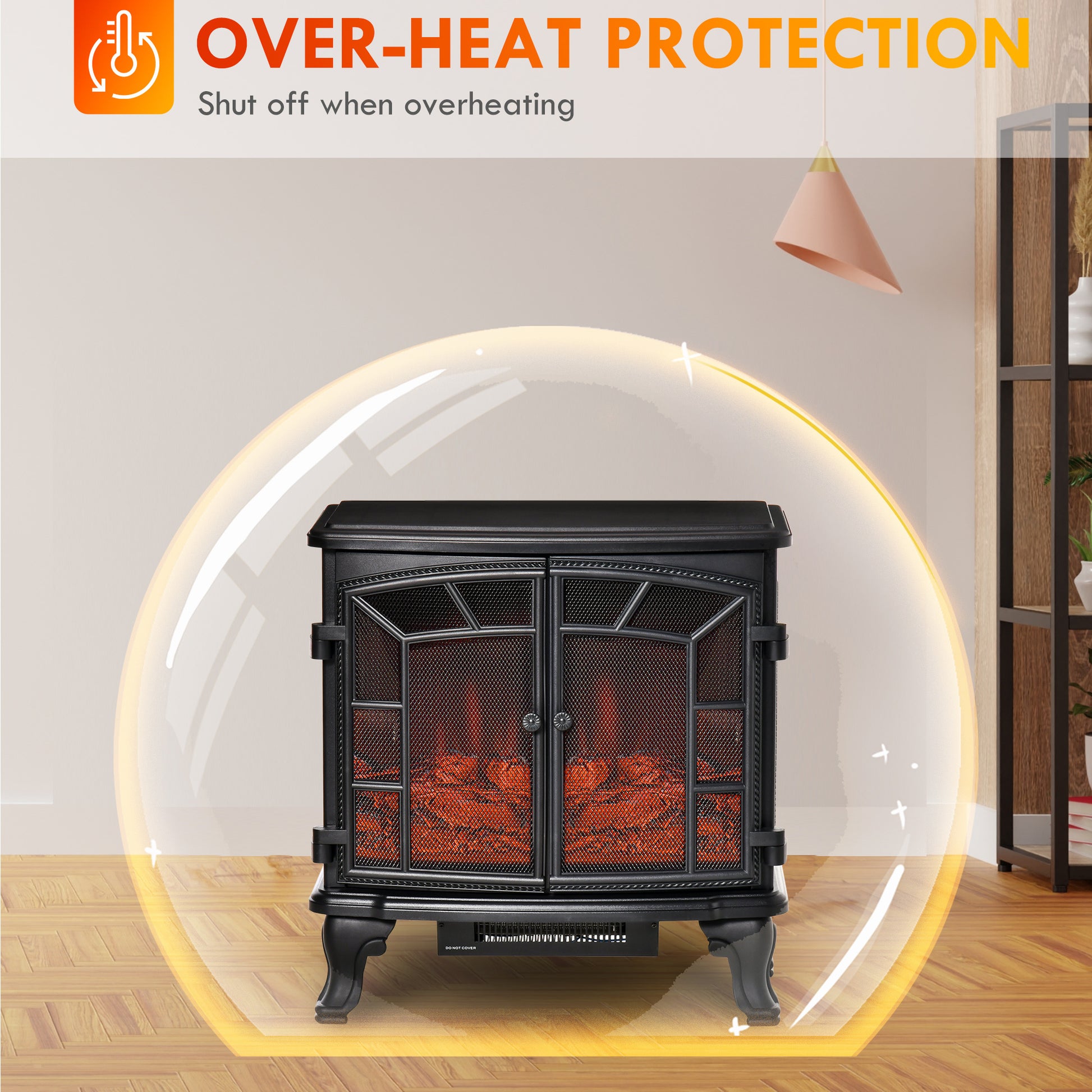 27" Electric Fireplace Heater, Fireplace Stove With Realistic Led Flames And Logs, Remote Control And Overheating Protection, 750W 1500W, Black Black Abs