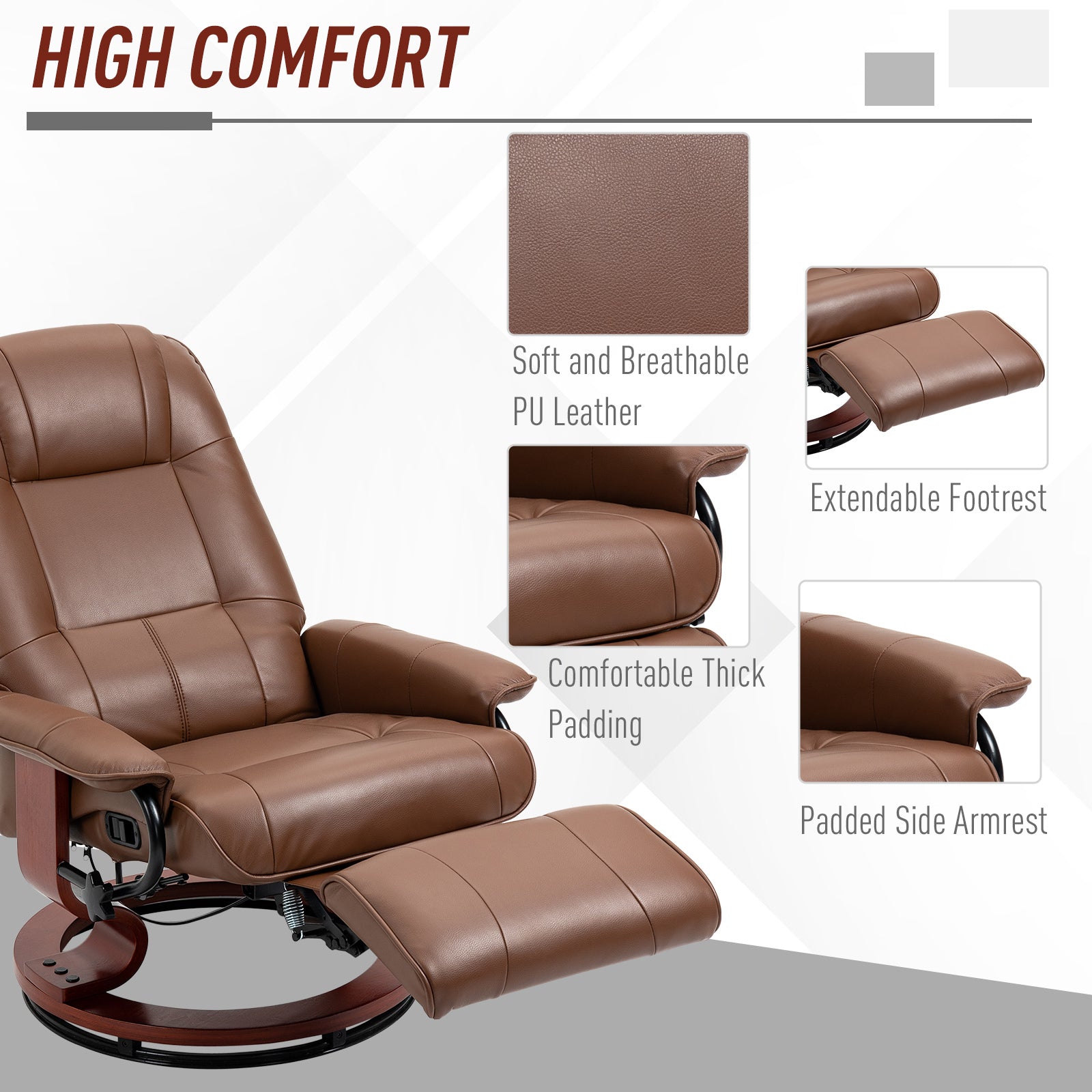 Faux Leather Manual Recliner, Adjustable Swivel Lounge Chair With Footrest, Armrest And Wrapped Wood Base For Living Room, Brown Brown Pu Leather